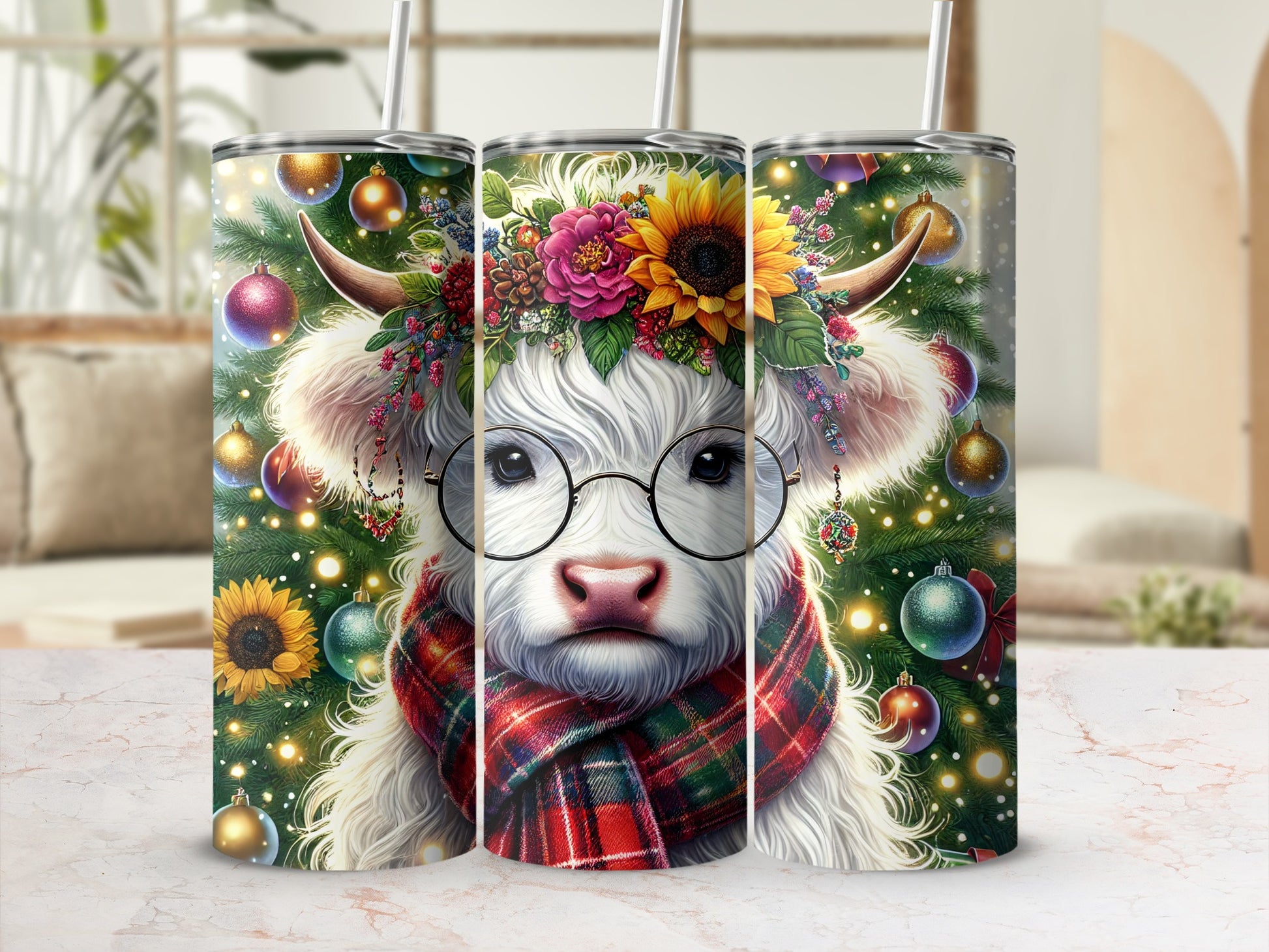 Highland cow with sunflower crown, glasses, plaid scarf, and Christmas ornaments.