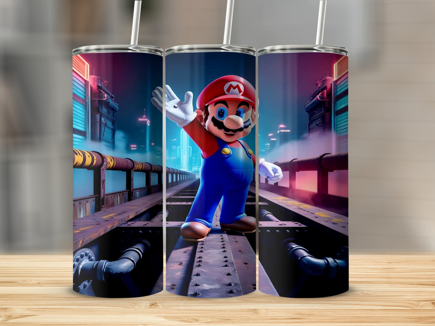 Vibrant Mario Design Cyberpunk City Backdrop Tumbler