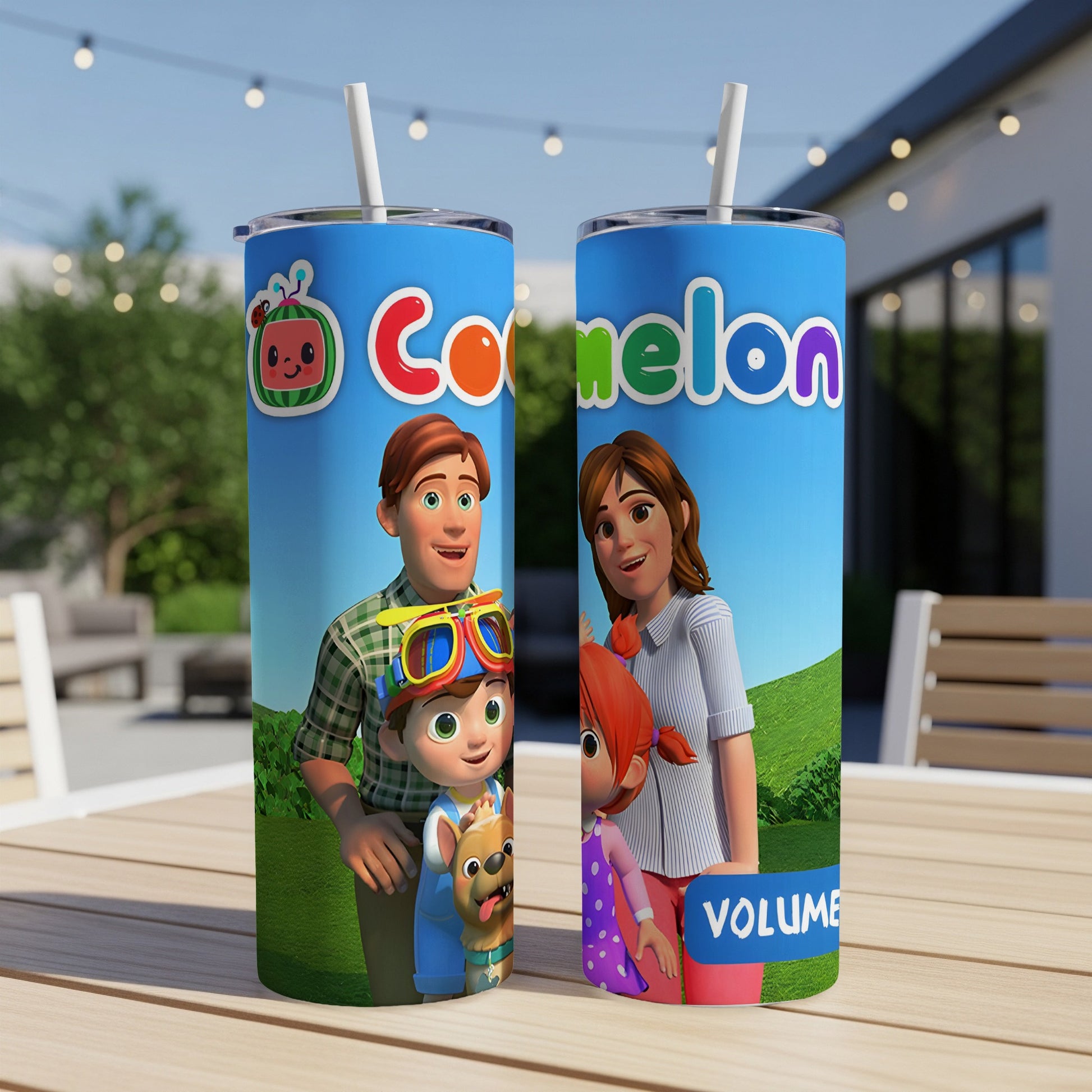 Cocomelon characters on two blue tumblers with straws, outdoor background.