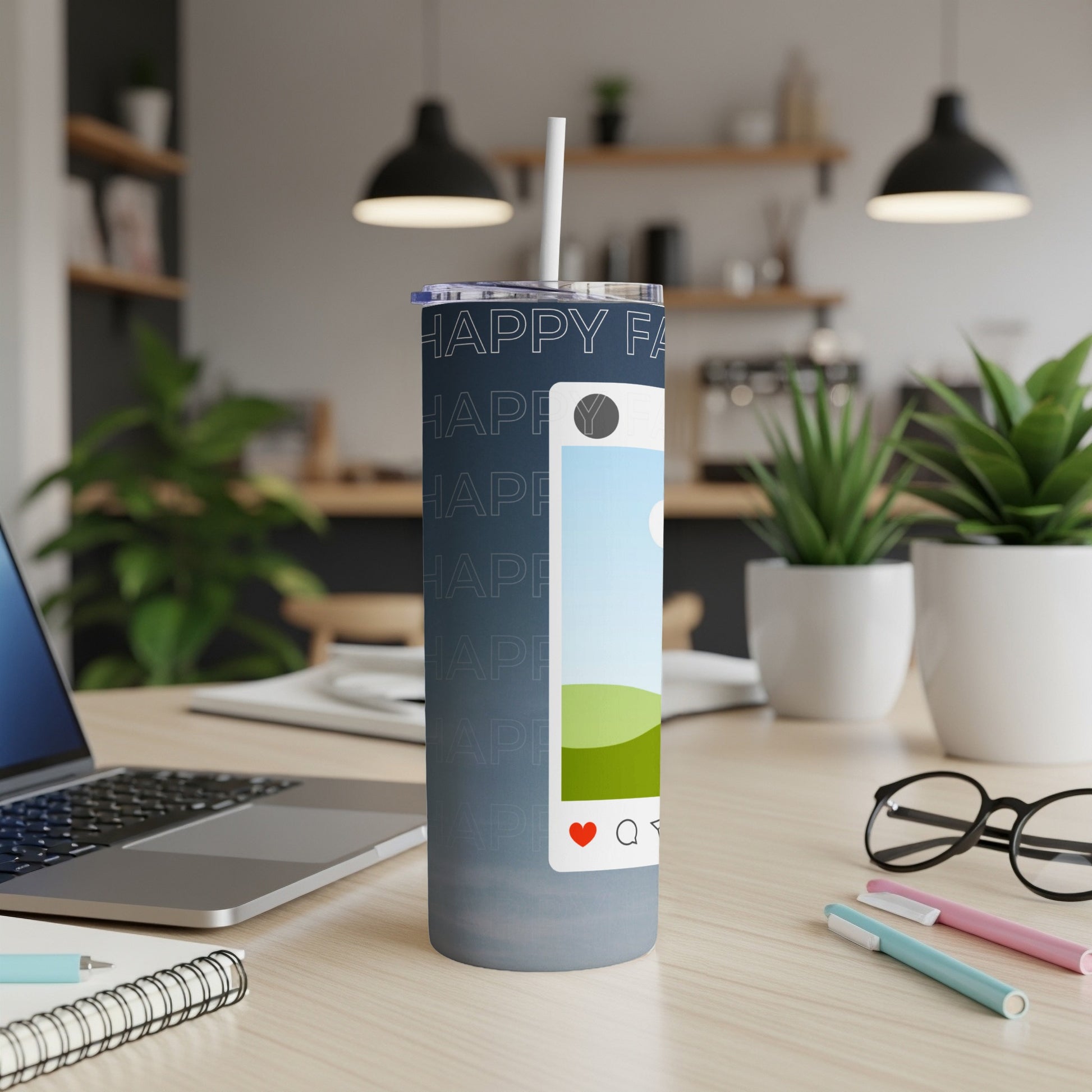 Blue tumbler with "HAPPY FAMILY" repeated, featuring a social media post design.