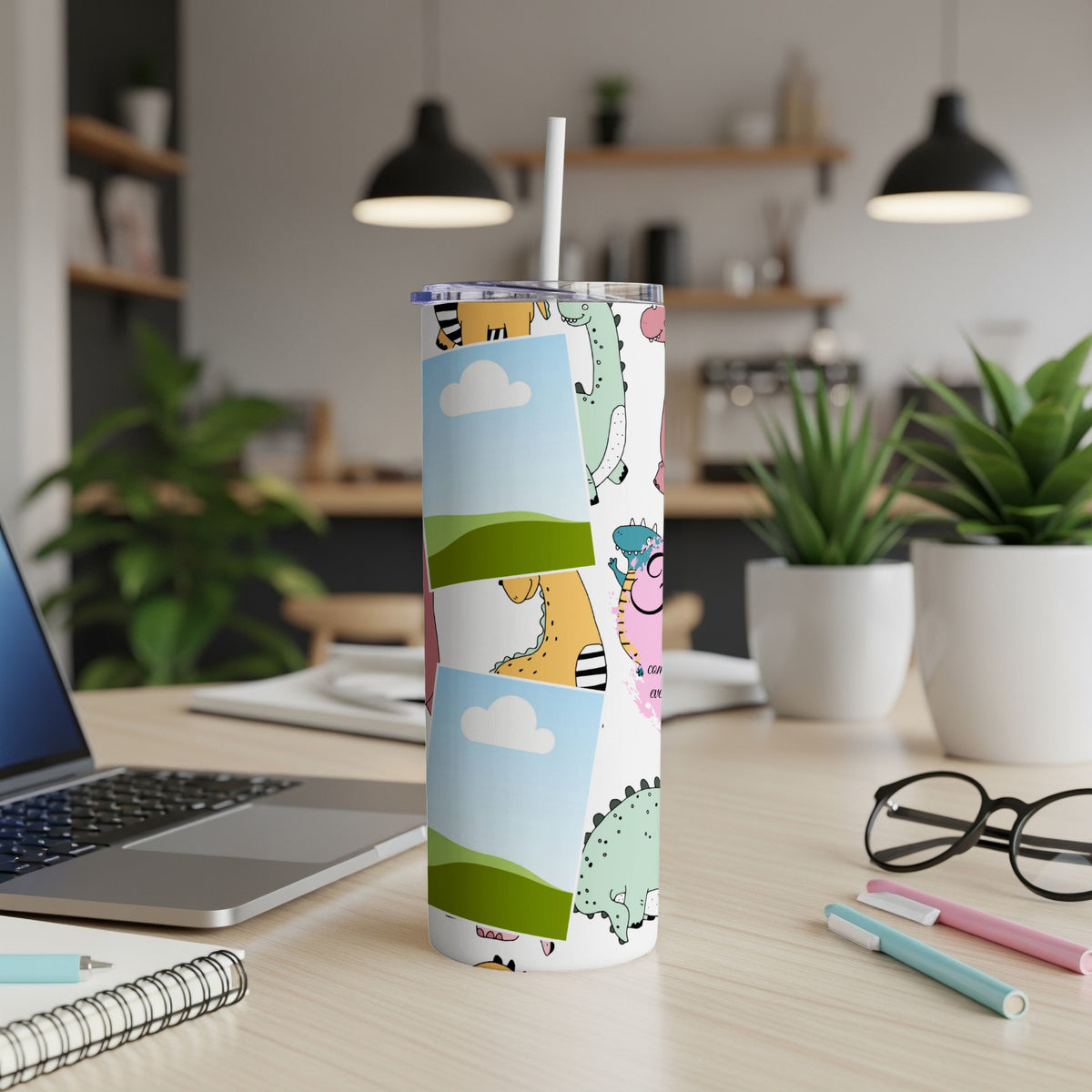 Tumbler with colorful cartoon dinosaurs and landscape photo collage.