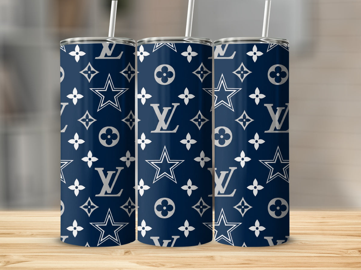 Three navy blue tumblers with white LV and star patterns and straws.