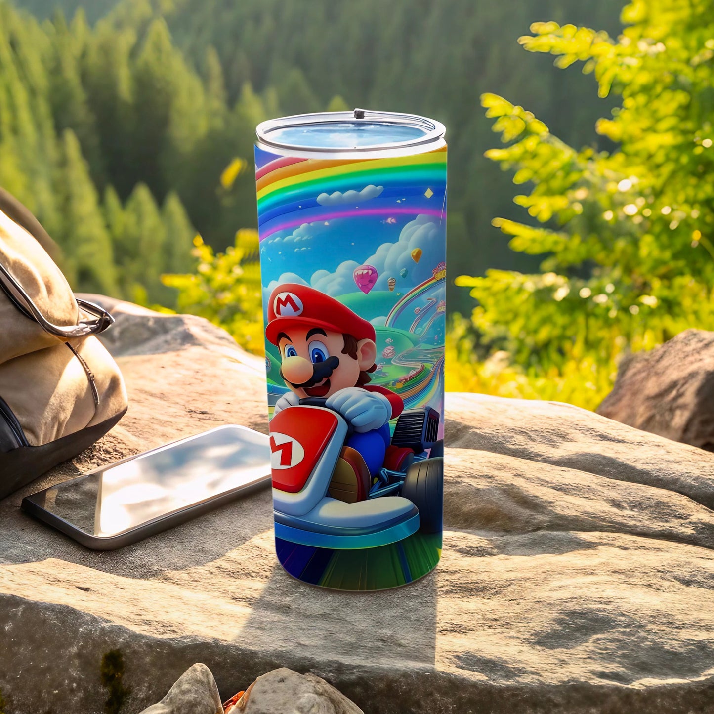 Colorful Mario Kart travel tumbler with lid