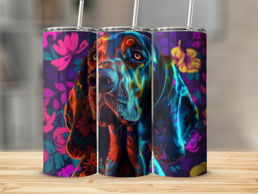 Hound dog portrait with colorful floral background on a tumbler.