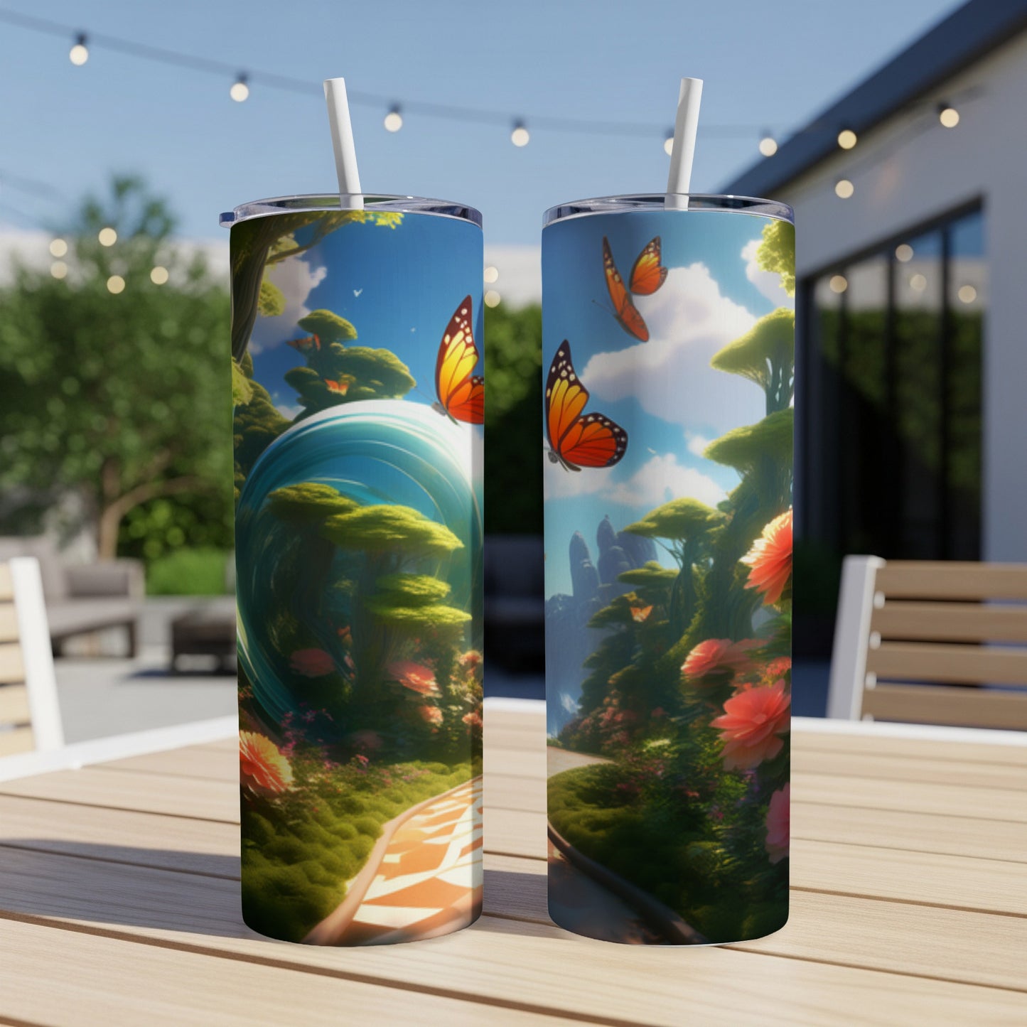 Two tumblers with a fantasy garden scene and butterflies.