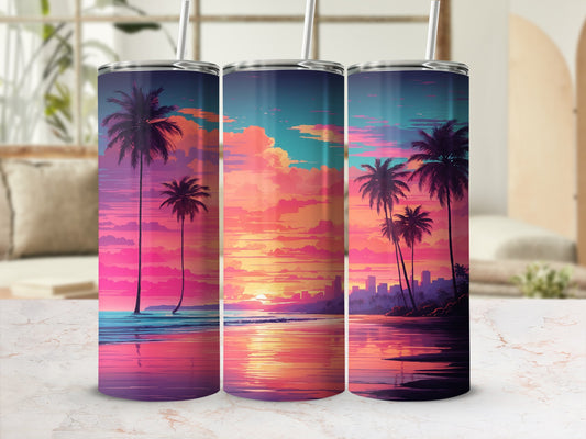 Sunset beach scene with palm trees on a cylindrical tumbler.
