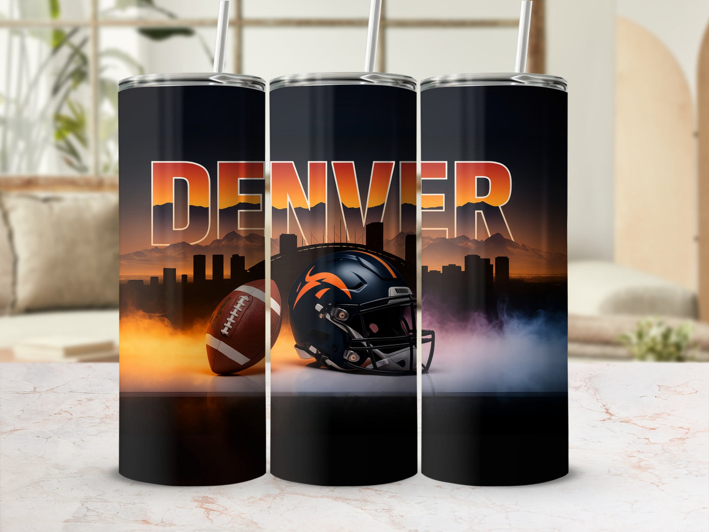 Denver Broncos helmet and football on city skyline background tumbler.