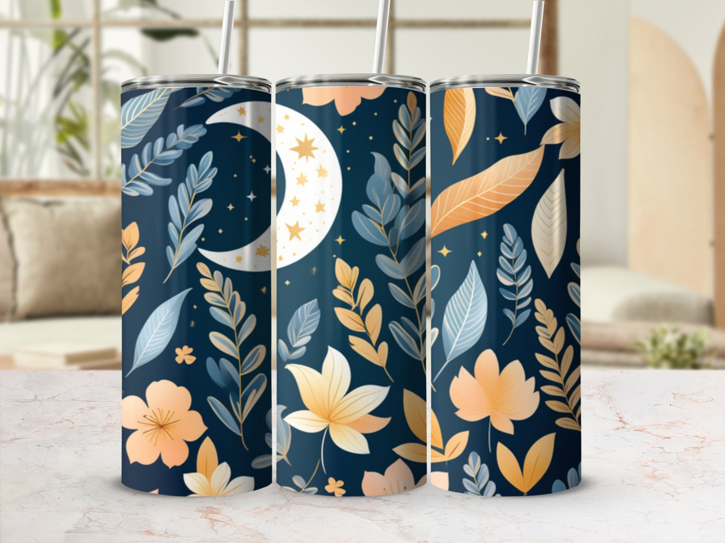 Three tumblers with a celestial floral design in navy, orange, and gold.