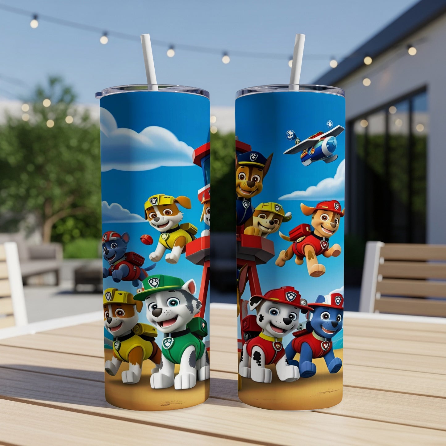 Paw Patrol characters on a blue sky background, two tumblers.