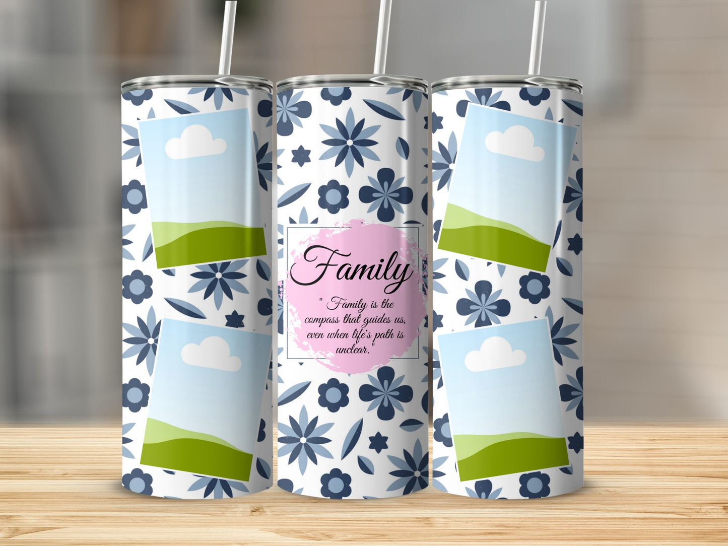 Tumblers with floral pattern and sentimental quote about family.