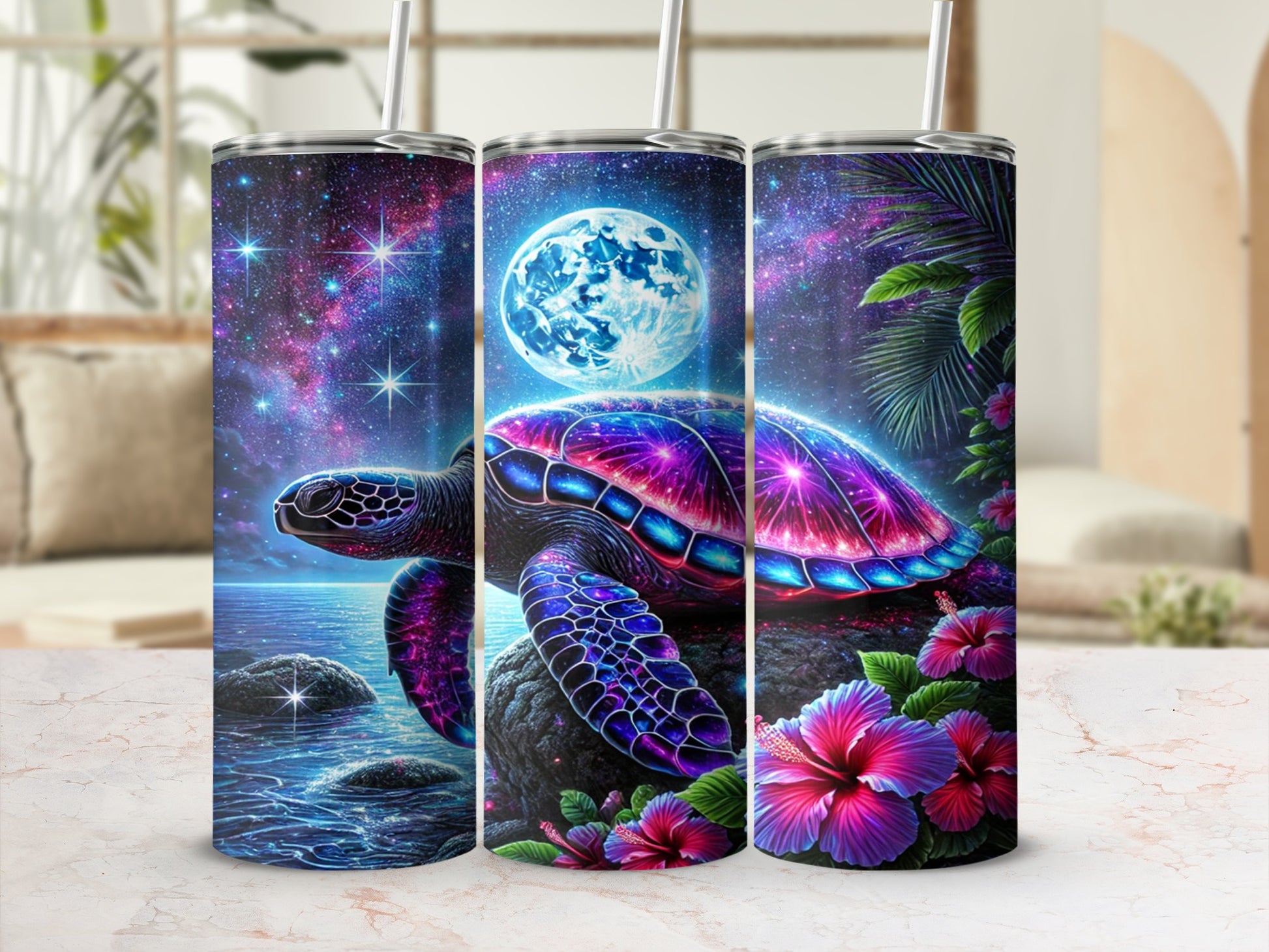 Stunning Sea Turtle Under Moonlight Tumbler Cup Design