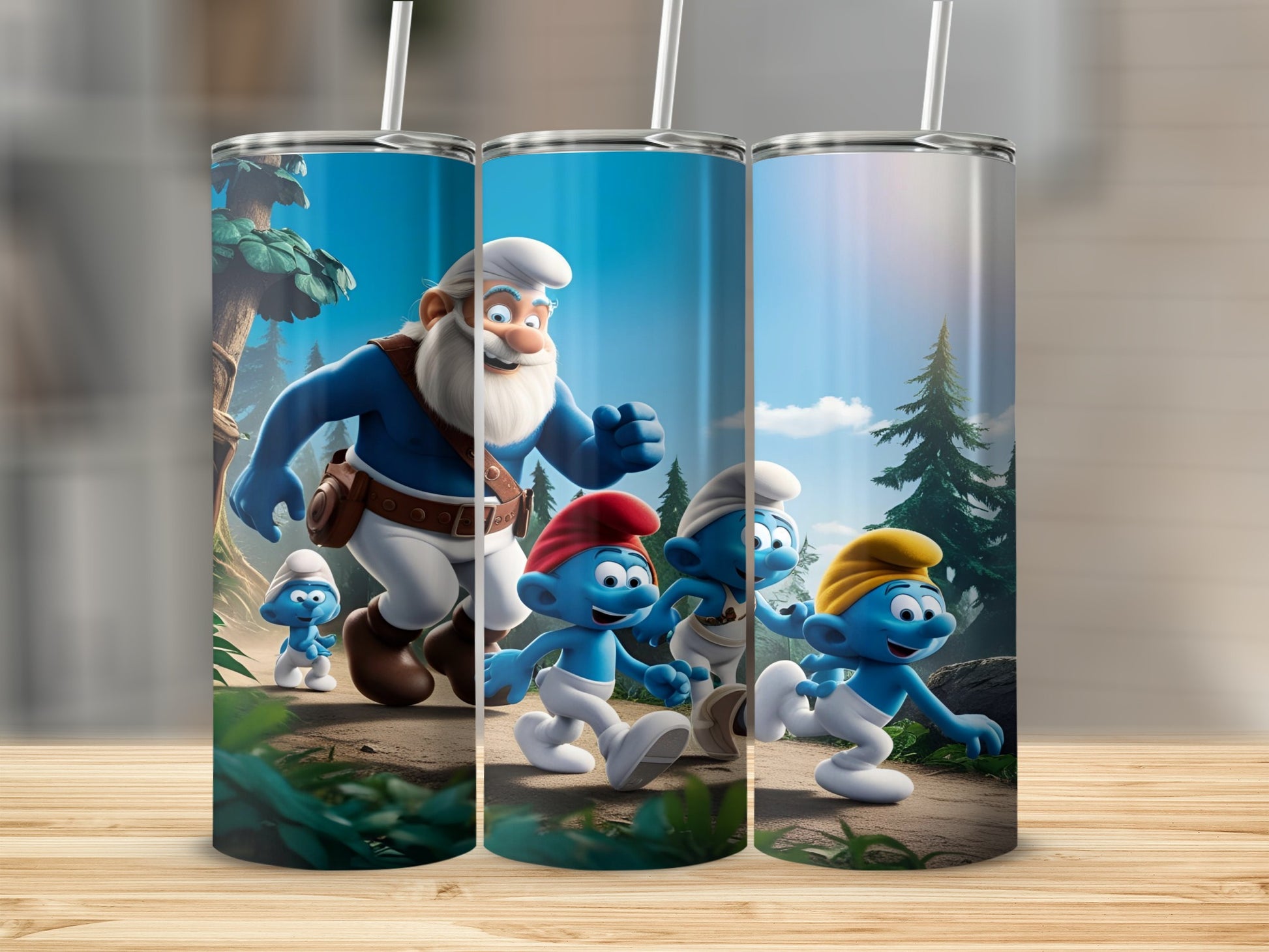 Smurfs and Grandpa Smurf running on a forest path.