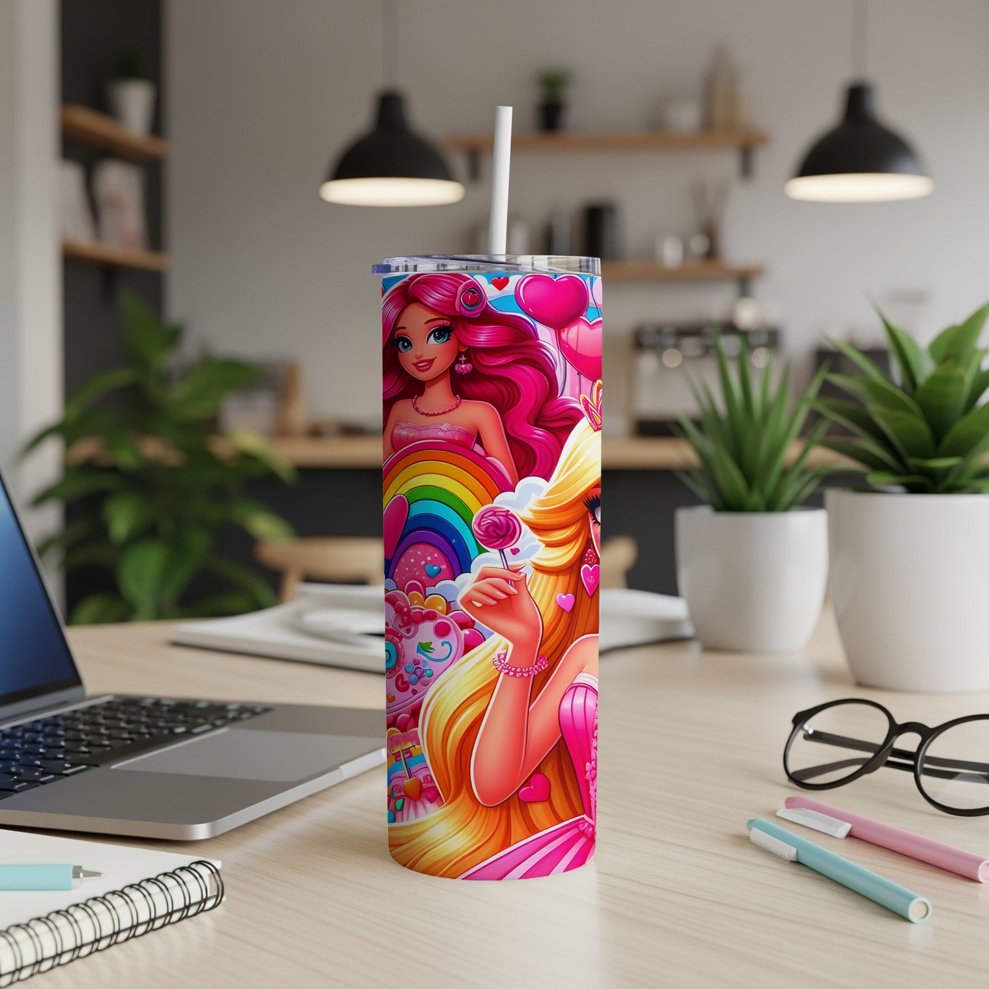 Pink tumbler with Barbie, rainbow, hearts, and lollipop.