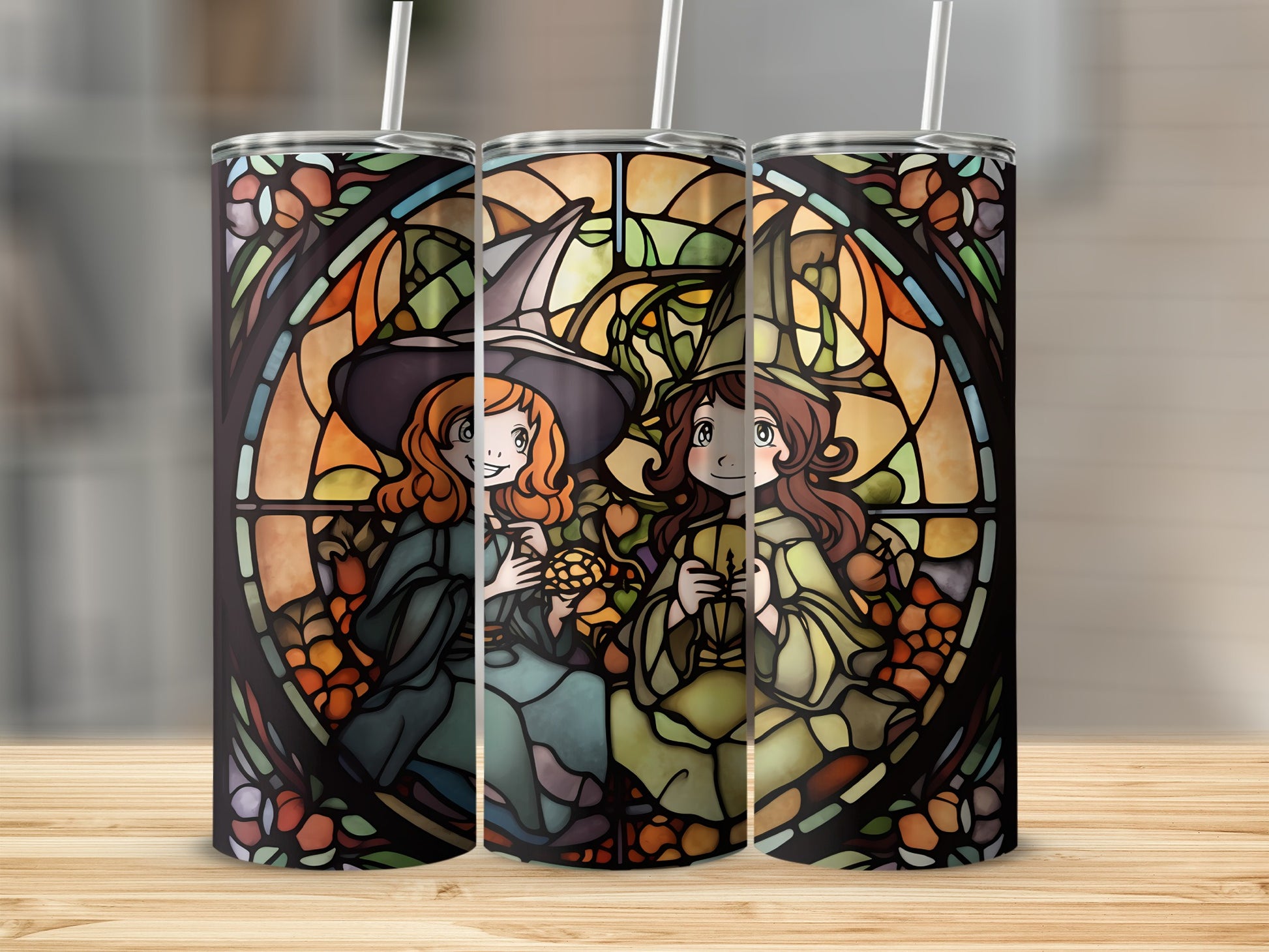 Three witch illustrations on tumblers with stained glass window background.