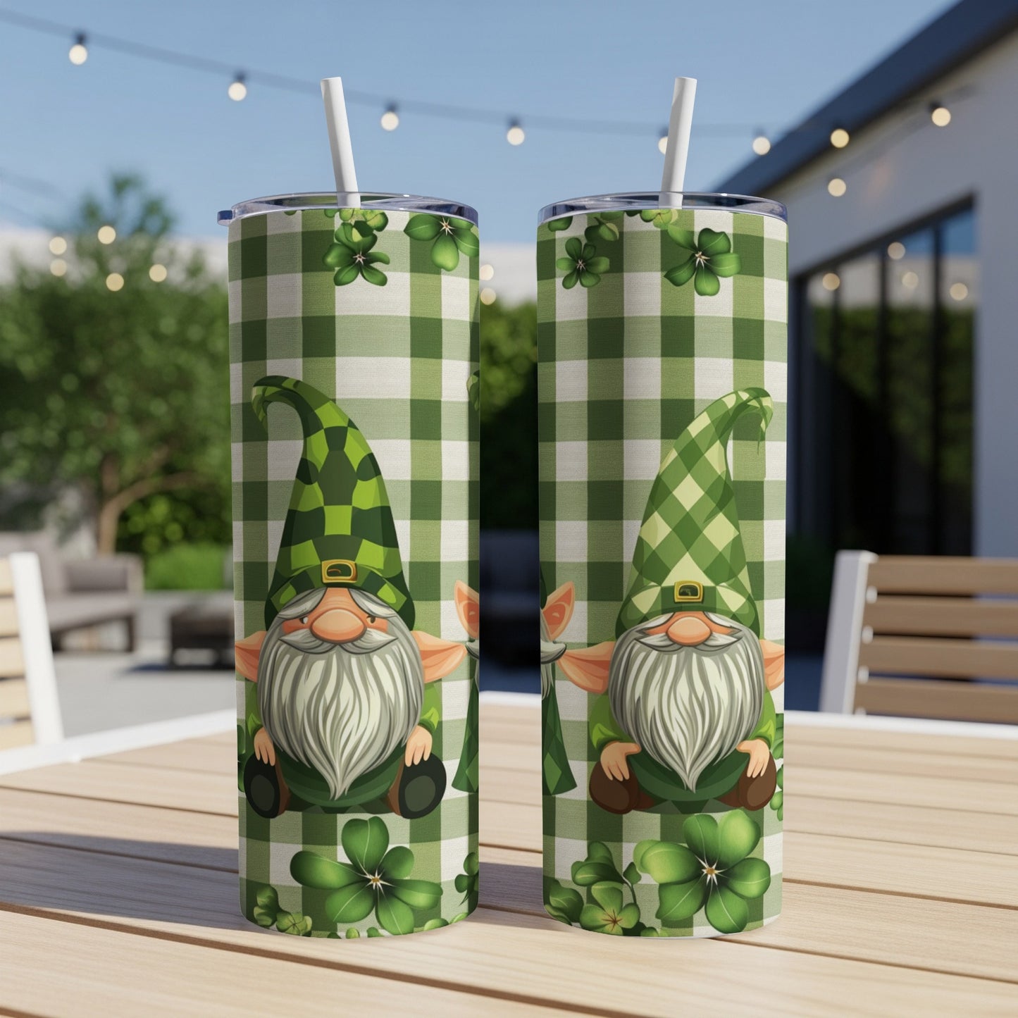 Two St. Patrick's Day gnomes on green plaid tumblers with shamrocks.