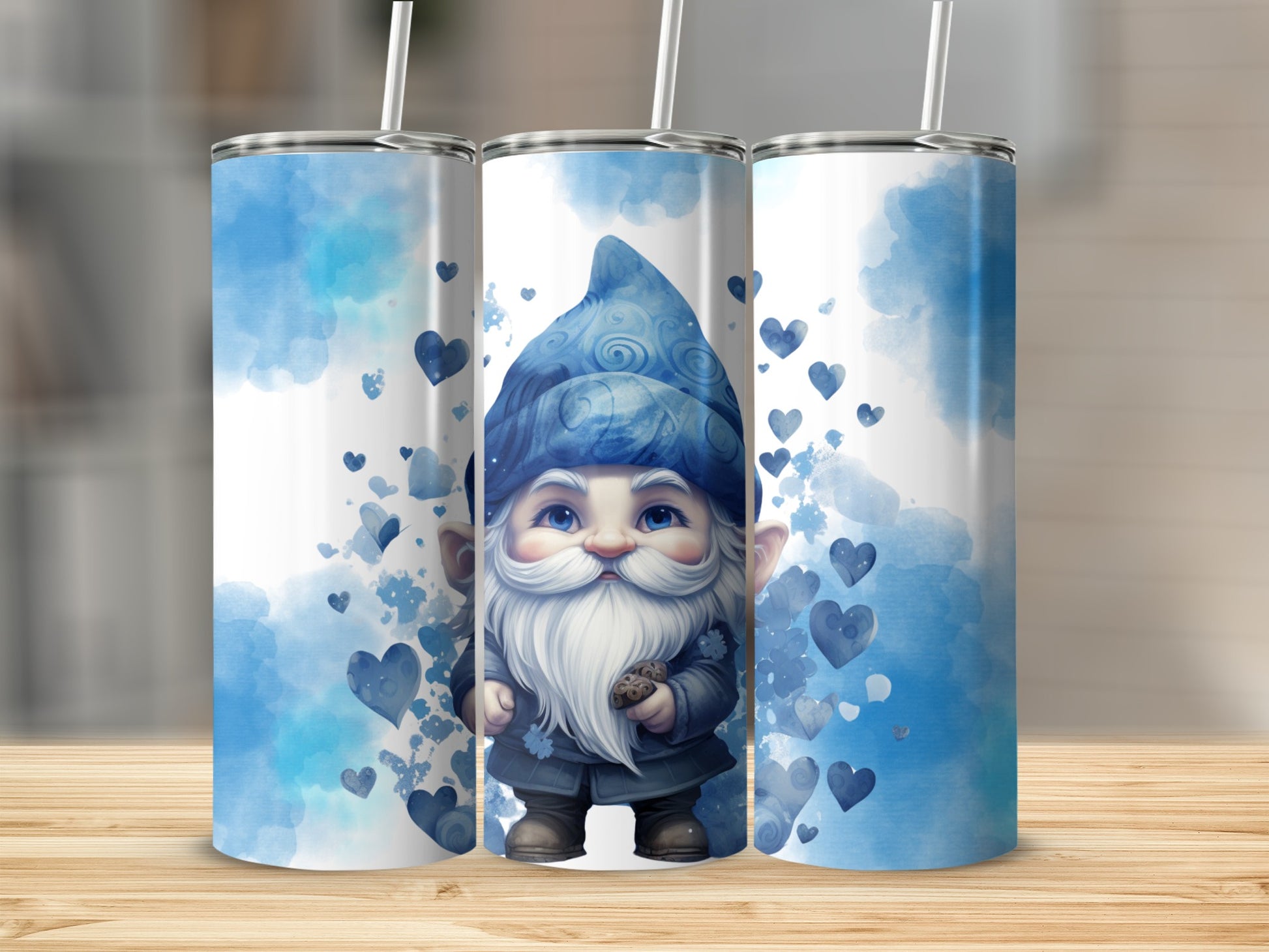 Cute Gnome with Blue Hearts Design on Tumbler