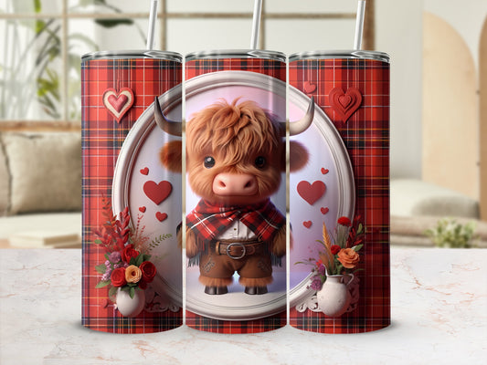 Highland cow with plaid scarf and hearts on a plaid tumbler.