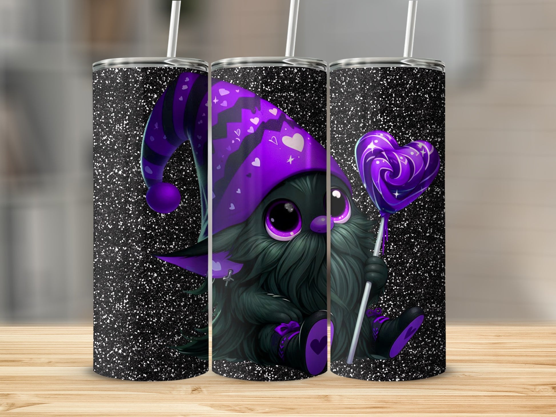Cute Purple Gnome with Heart Lollipop Tumbler Cup