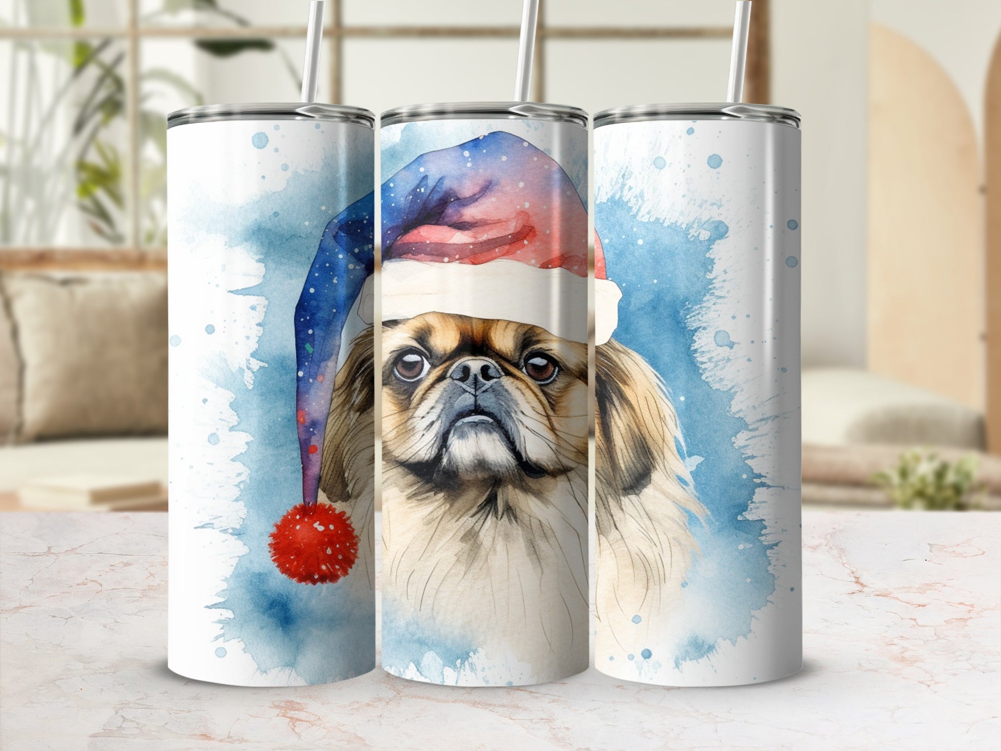 Pekingese dog wearing a Santa hat on a white tumbler.