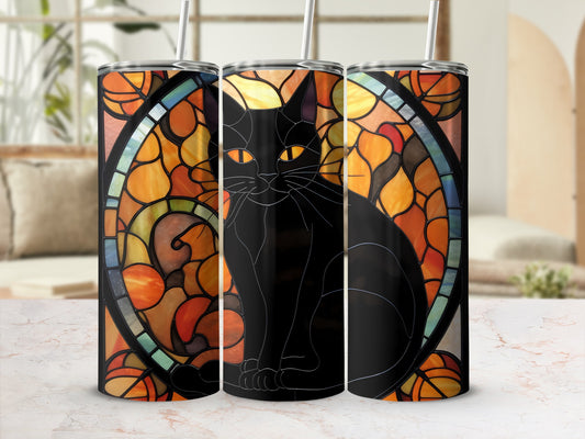 Black cat with yellow eyes in stained glass pattern on a tumbler.