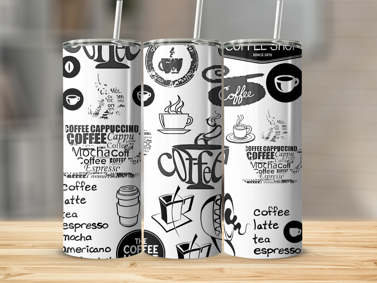 Coffee Themed Tumbler with Straw Unique Beverage Container