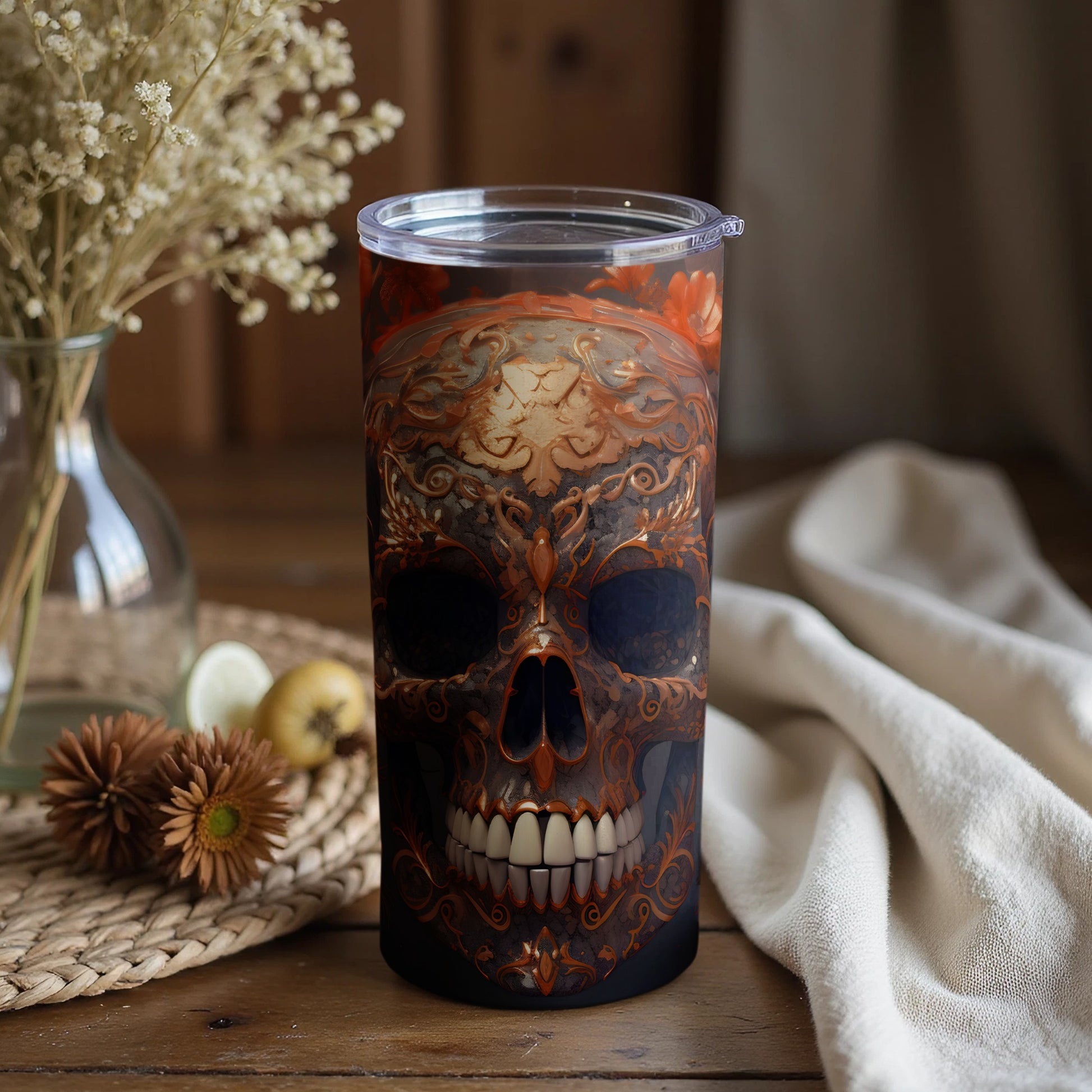 Intricately Designed Skull Artwork Tumbler