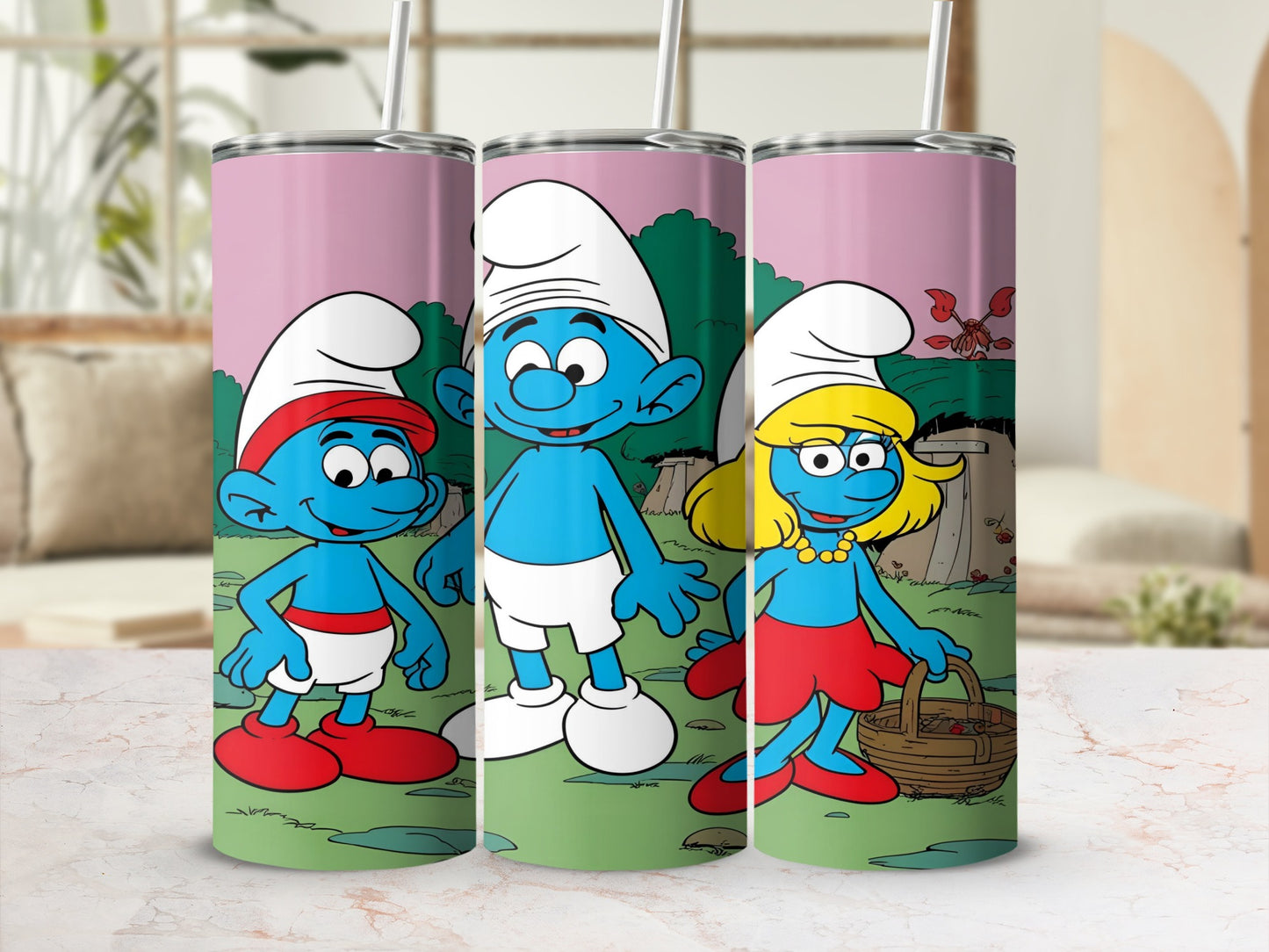 Three Smurfs: Papa Smurf, Smurfette, and Brainy Smurf, with a dragon in the background.