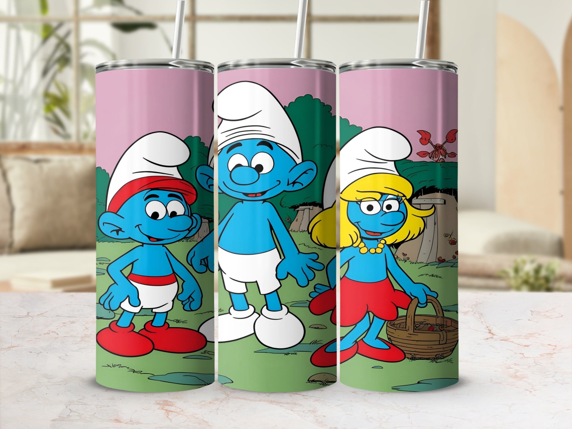 Three Smurfs: Papa Smurf, Smurfette, and Brainy Smurf, with a dragon in the background.