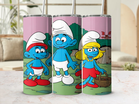 Three Smurfs: Papa Smurf, Smurfette, and Brainy Smurf, with a dragon in the background.