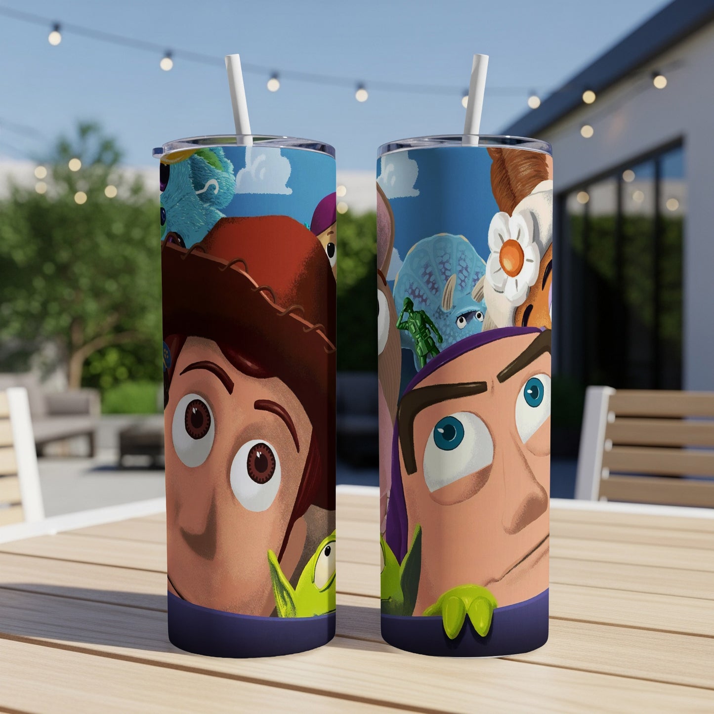 Toy Story characters Woody and Buzz Lightyear on a blue tumbler.