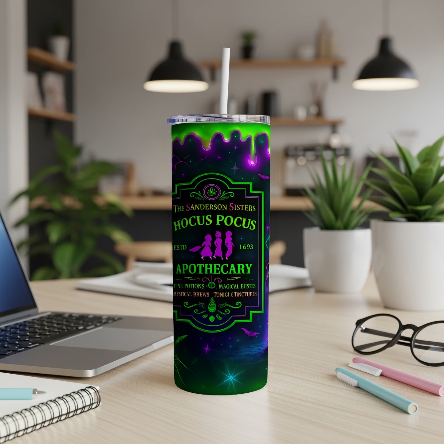 Hocus Pocus Sanderson Sisters Apothecary tumbler with green and purple slime and celestial design.