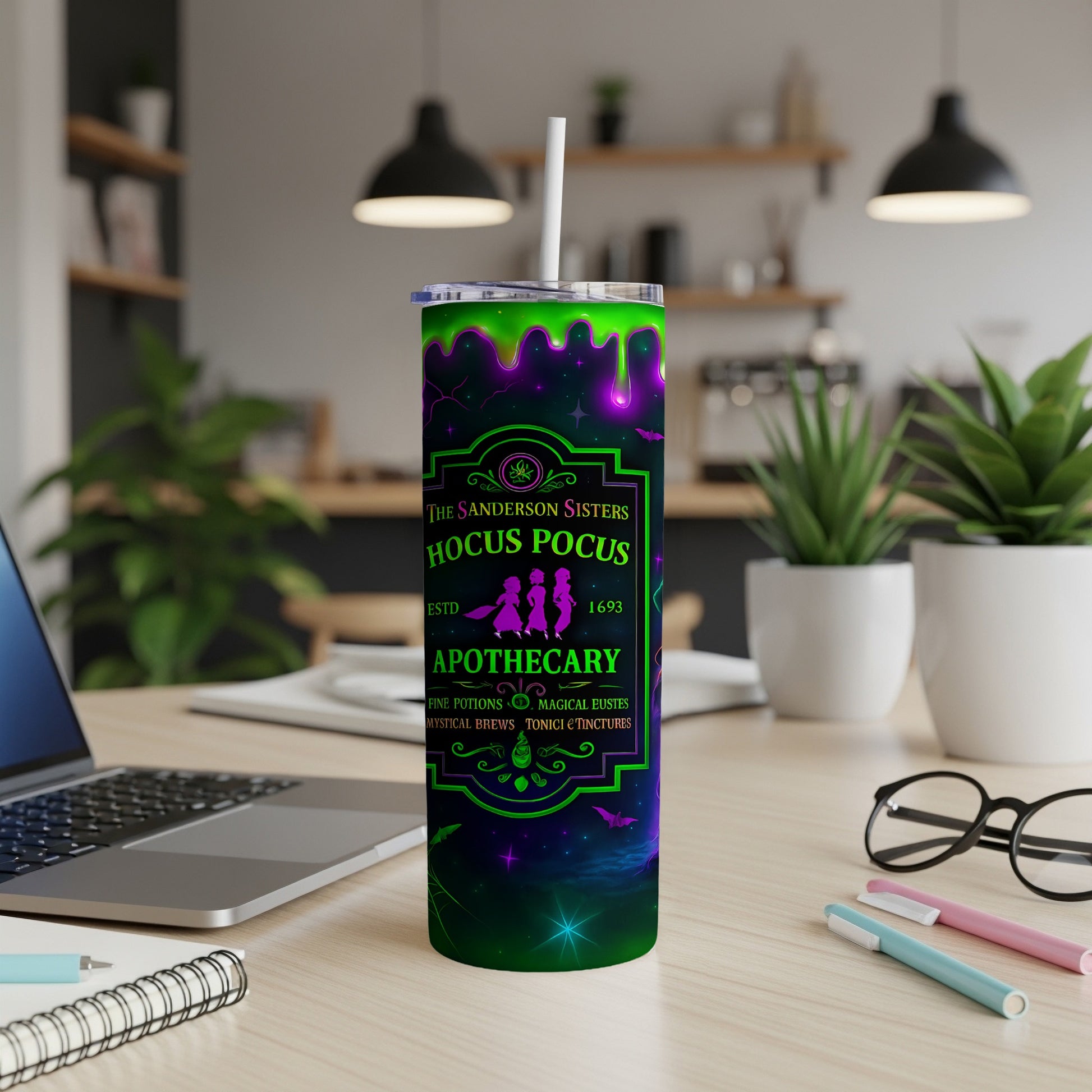 Hocus Pocus Sanderson Sisters Apothecary tumbler with green and purple slime and celestial design.