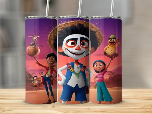 Animated characters with straw hat and colorful outfits on a tumbler.