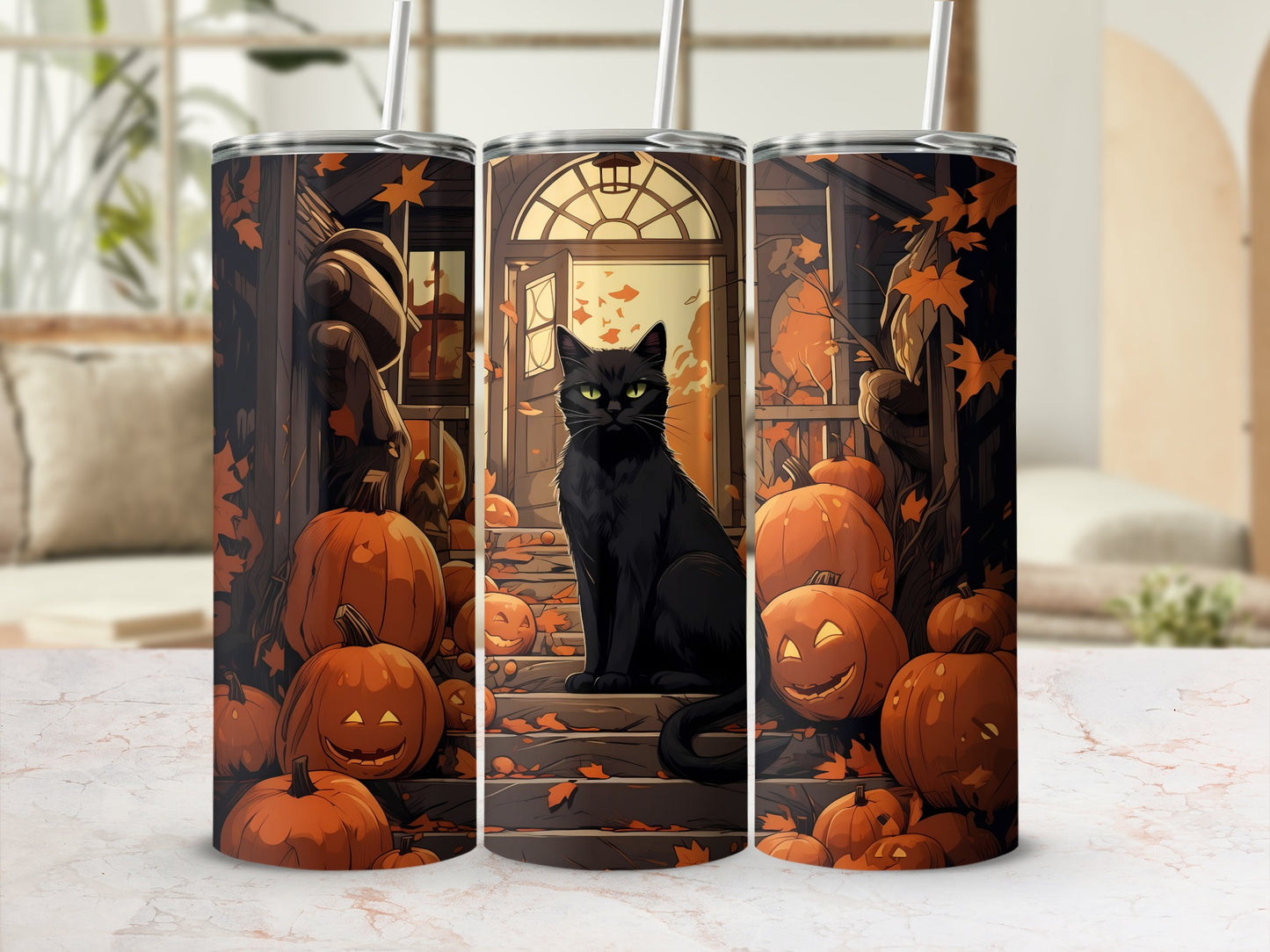 Black cat sitting on porch steps surrounded by jack-o'-lanterns and autumn leaves.