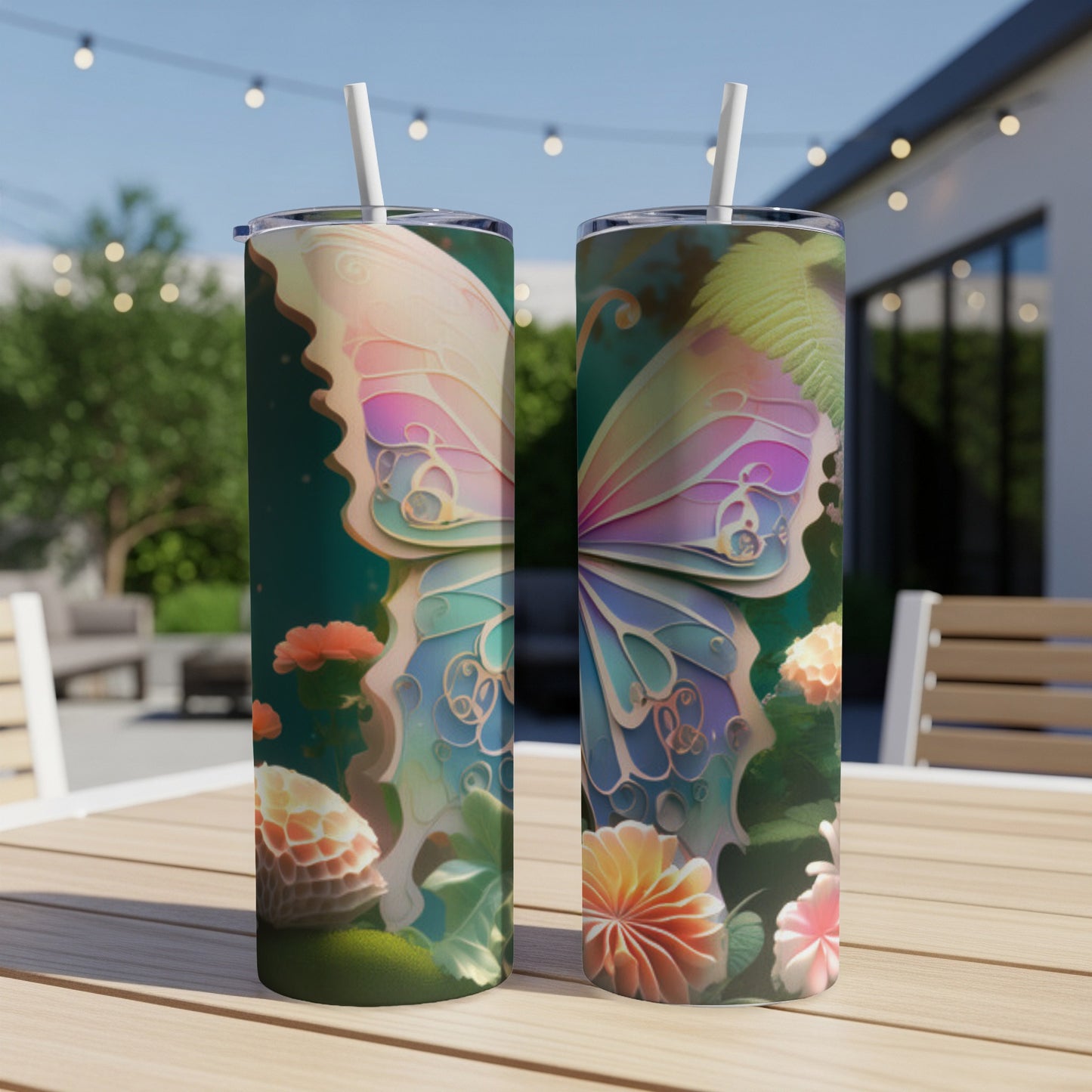 Two tumblers featuring a colorful butterfly and floral design.