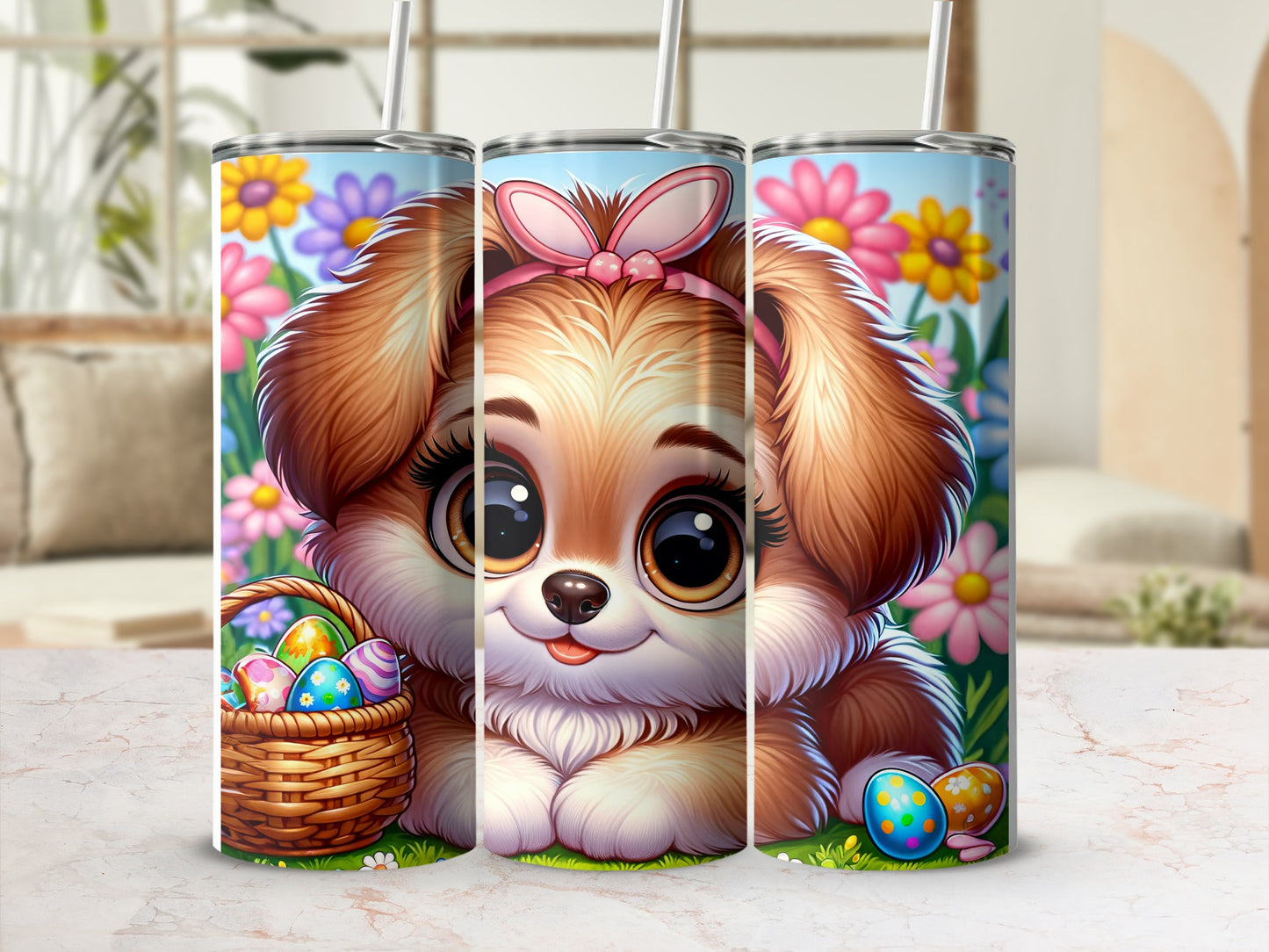 Cute cartoon puppy with pink bow in basket of Easter eggs and flowers.