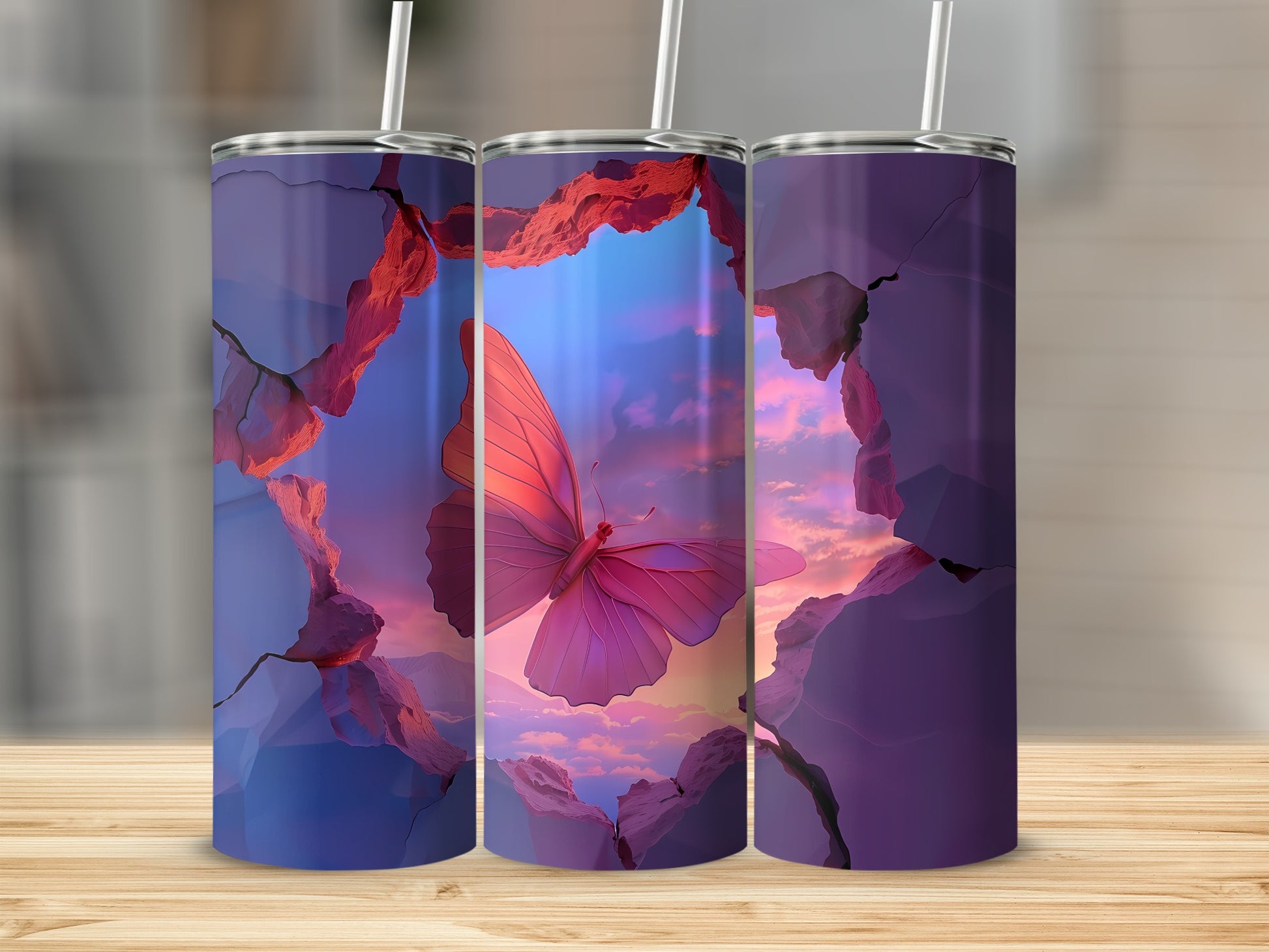 Three tumblers with cracked purple framing revealing a pink butterfly and sky.
