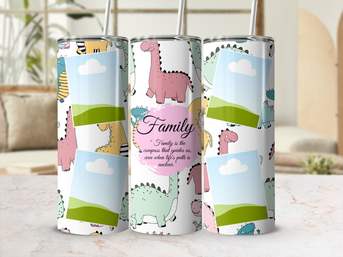 Three tumblers with dinosaur illustrations and framed empty picture spaces.