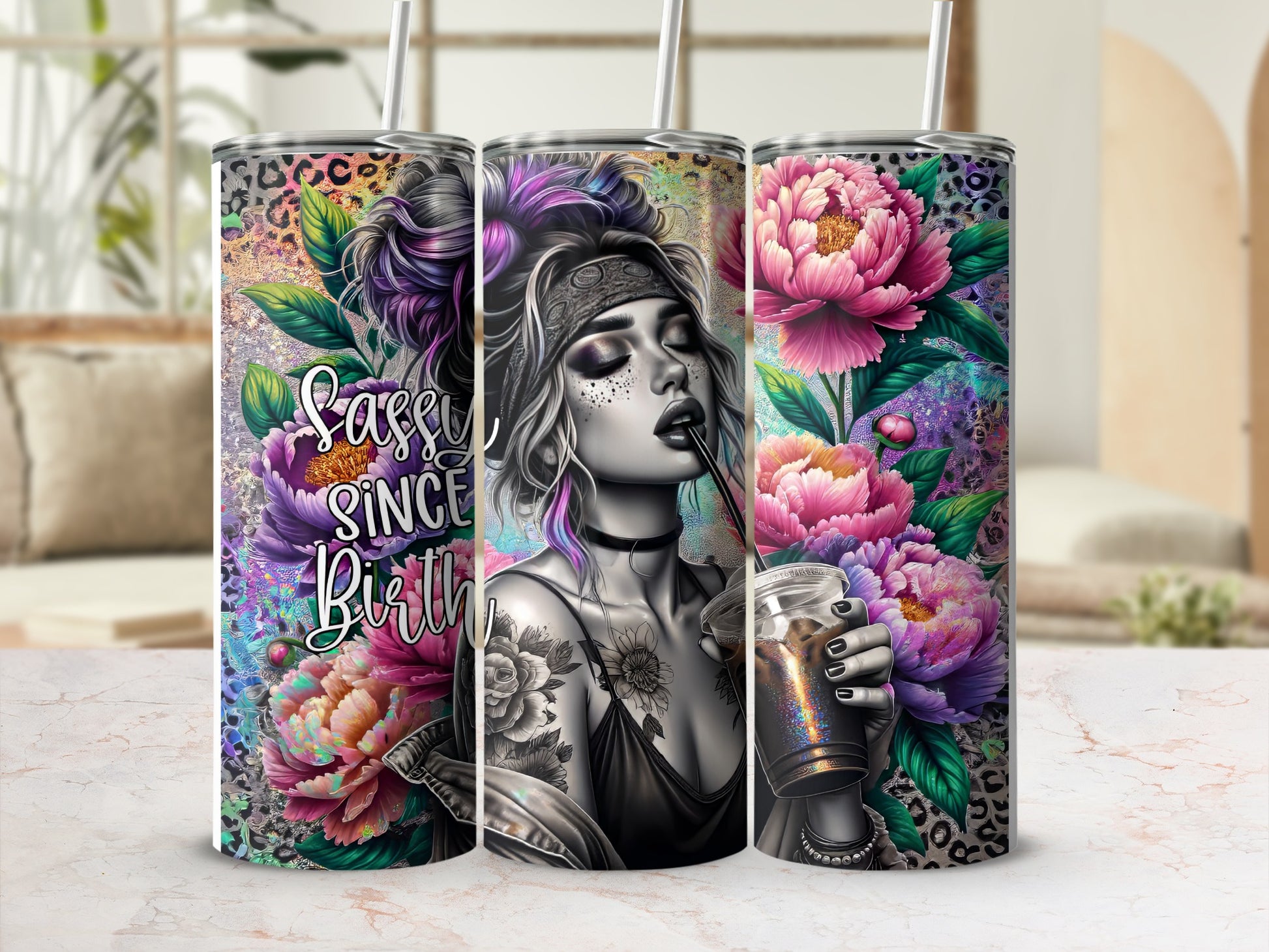Tumbler with sassy woman, leopard print, and vibrant floral design.