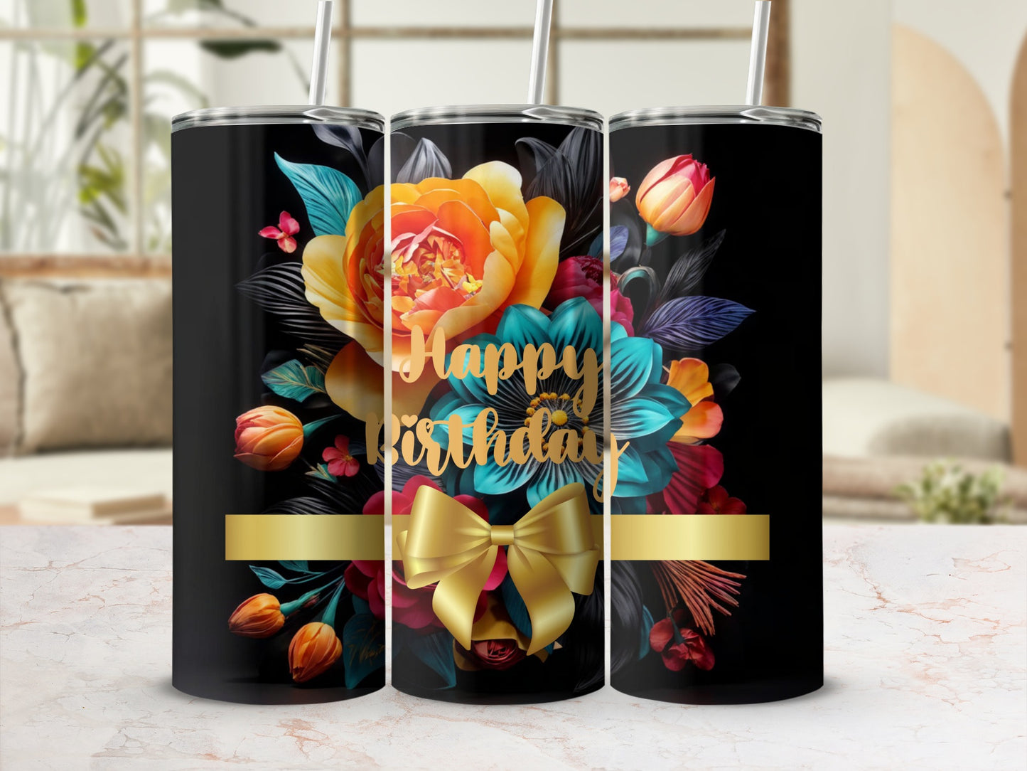 Black tumbler with "Happy Birthday" text and colorful floral design.