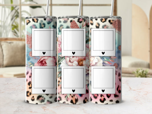 Three blank polaroid frames on a leopard print and floral patterned tumbler.