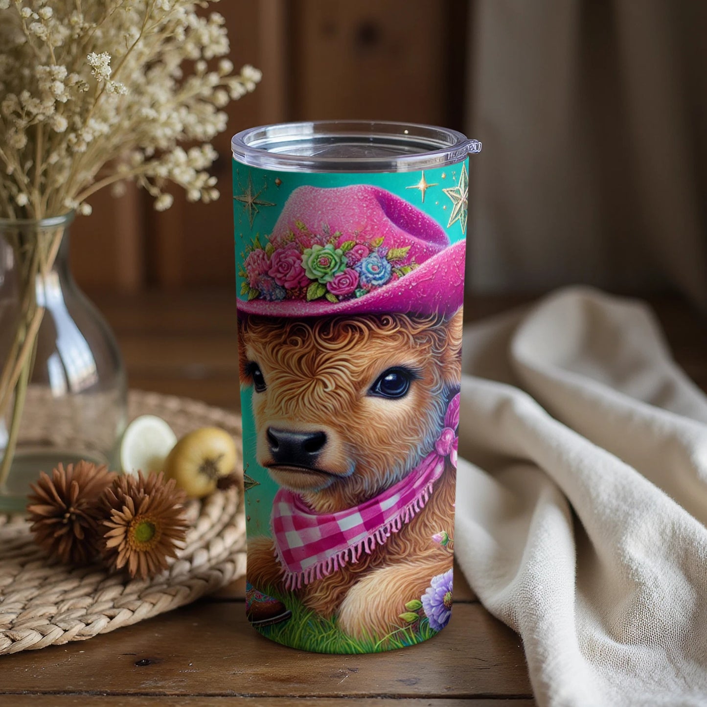 Cute Cow with Pink Hat and Floral Decor Tumbler