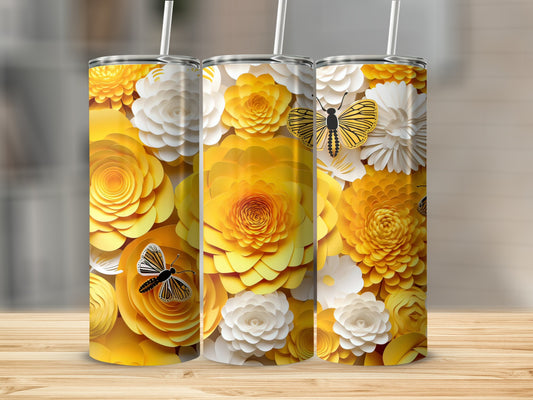 Floral Butterfly Design Tumbler with Yellow and White Flowers