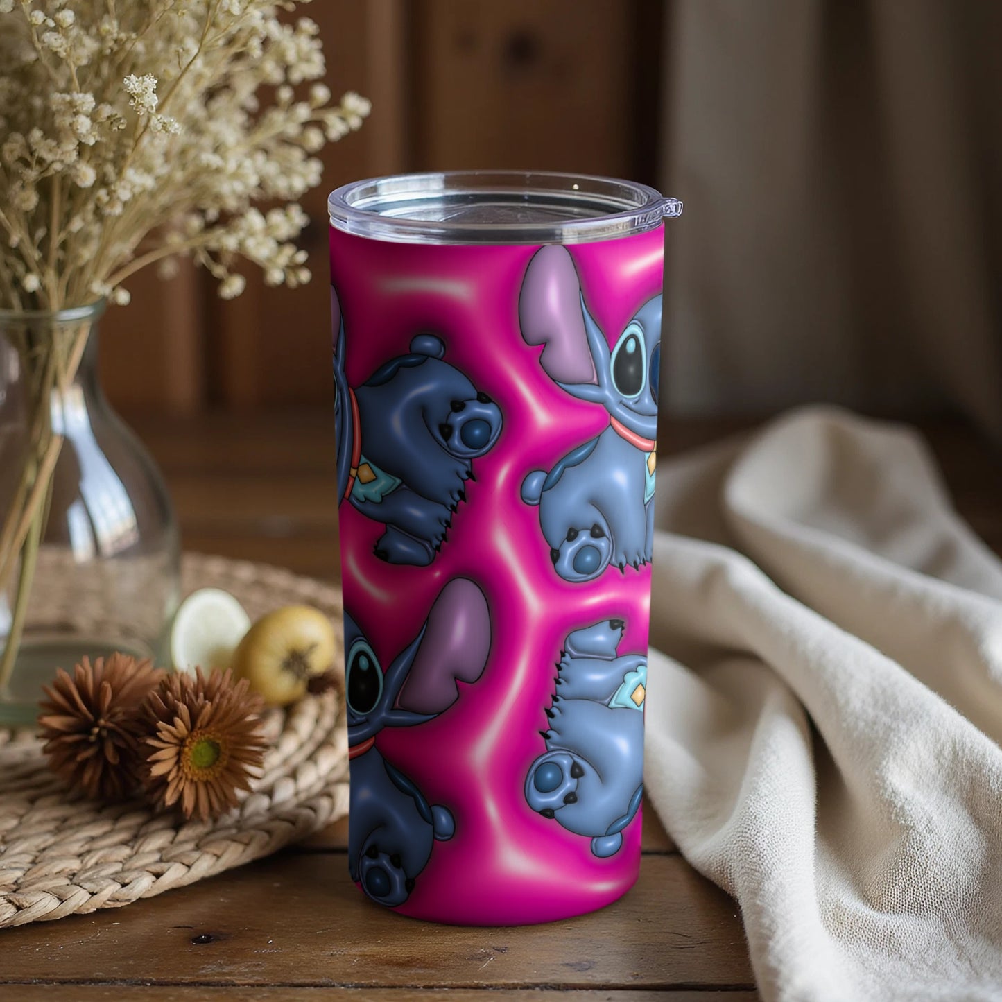 Pink Stitch Themed Tumbler Mug with Lid for All Occasions