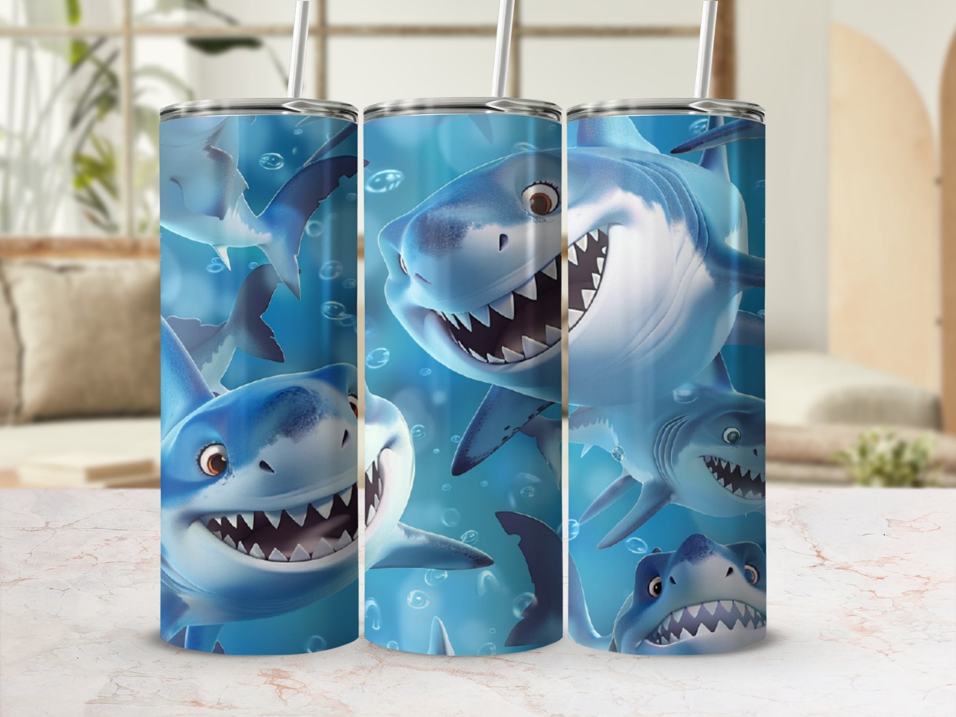 Three cartoon sharks with open mouths and sharp teeth on a blue background.