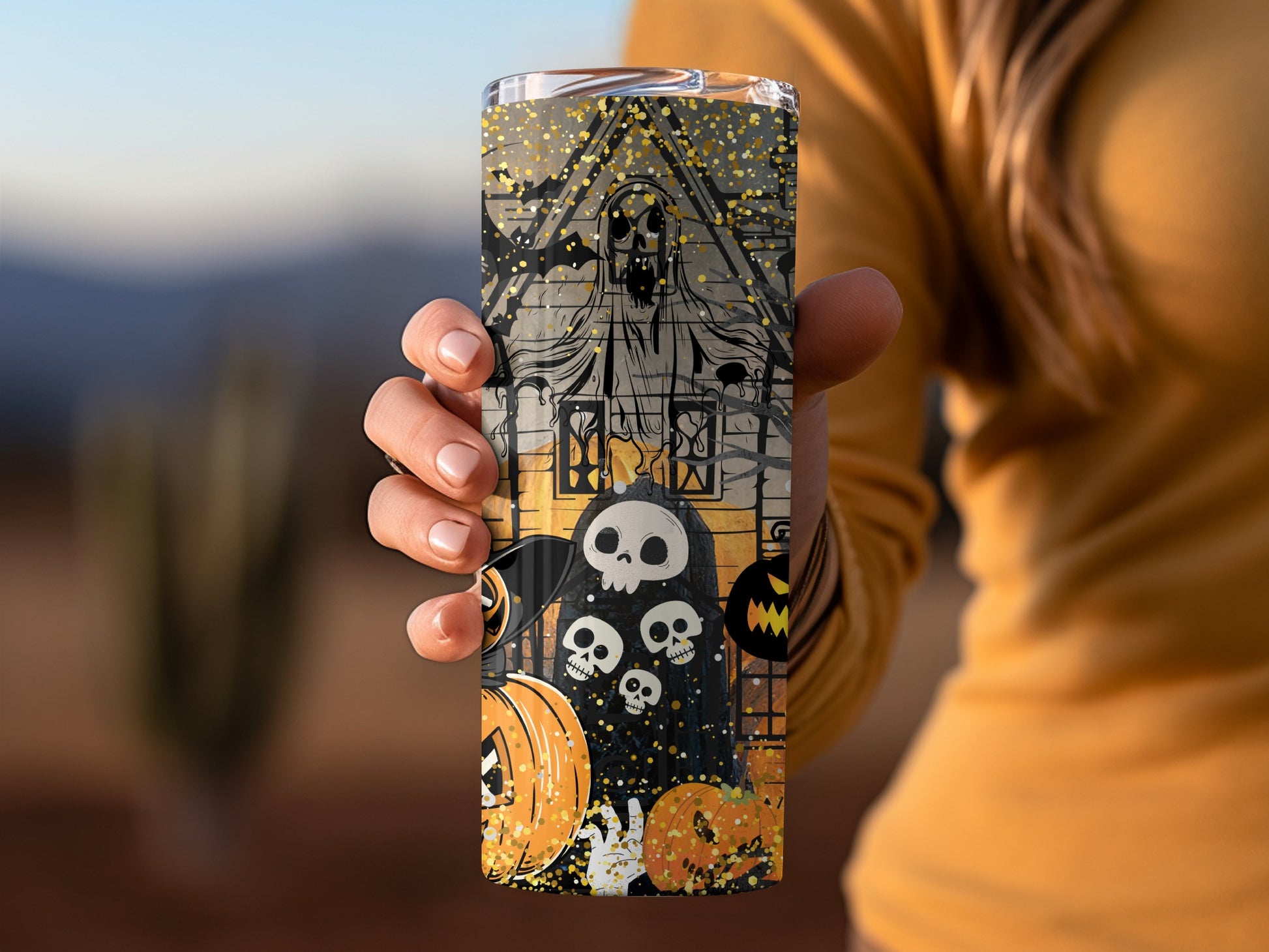 Spooky Halloween Haunted House Tumbler with Ghosts