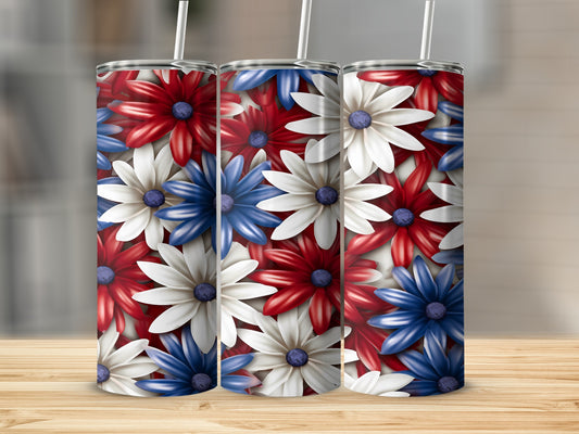 Three tumblers with red, white, and blue floral pattern.