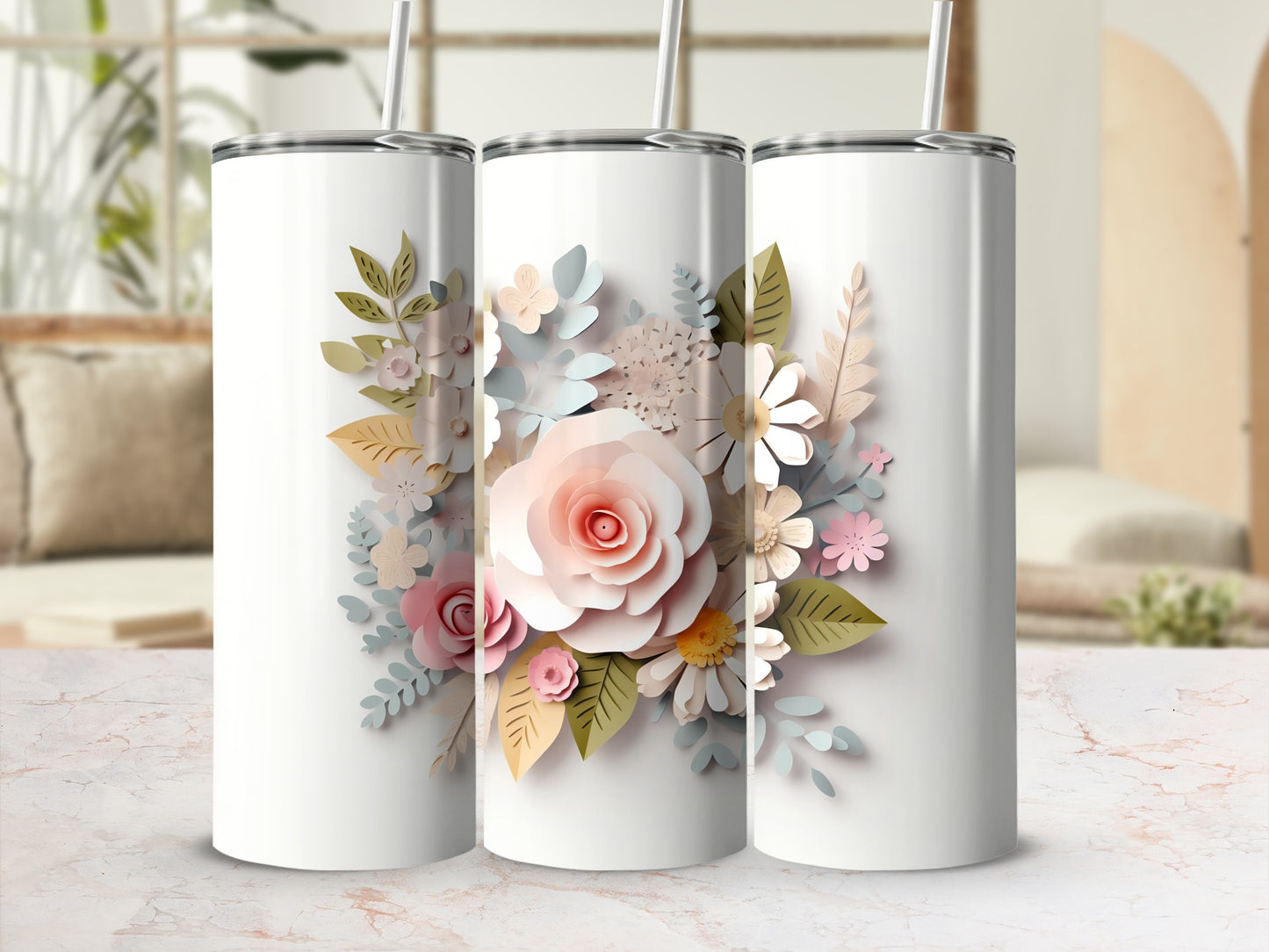 Floral Design White Tumbler with Flowers Decor Cup