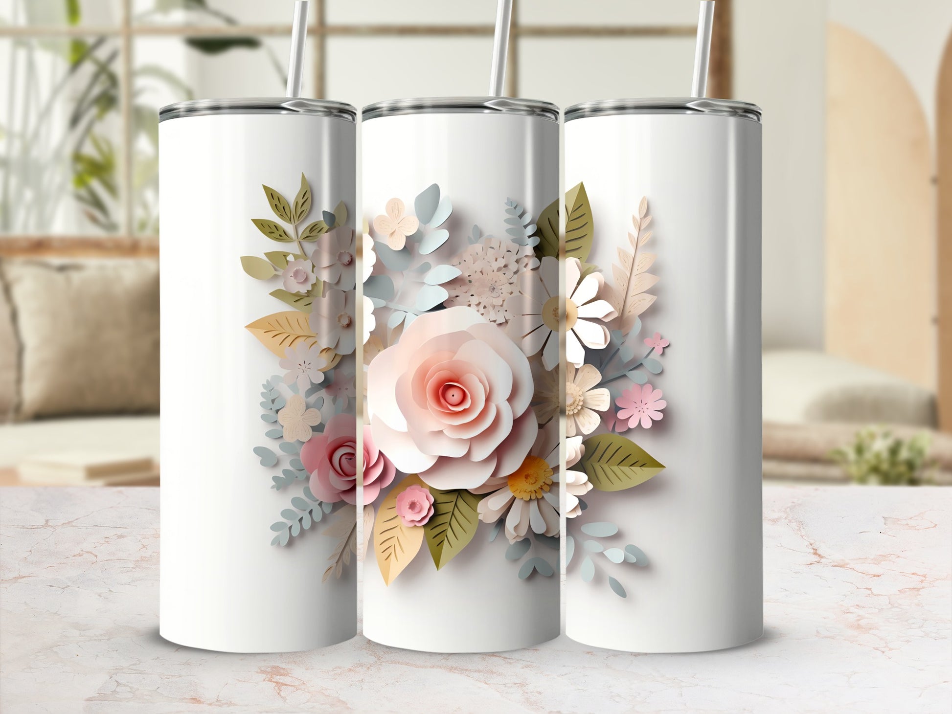 Floral Design White Tumbler with Flowers Decor Cup