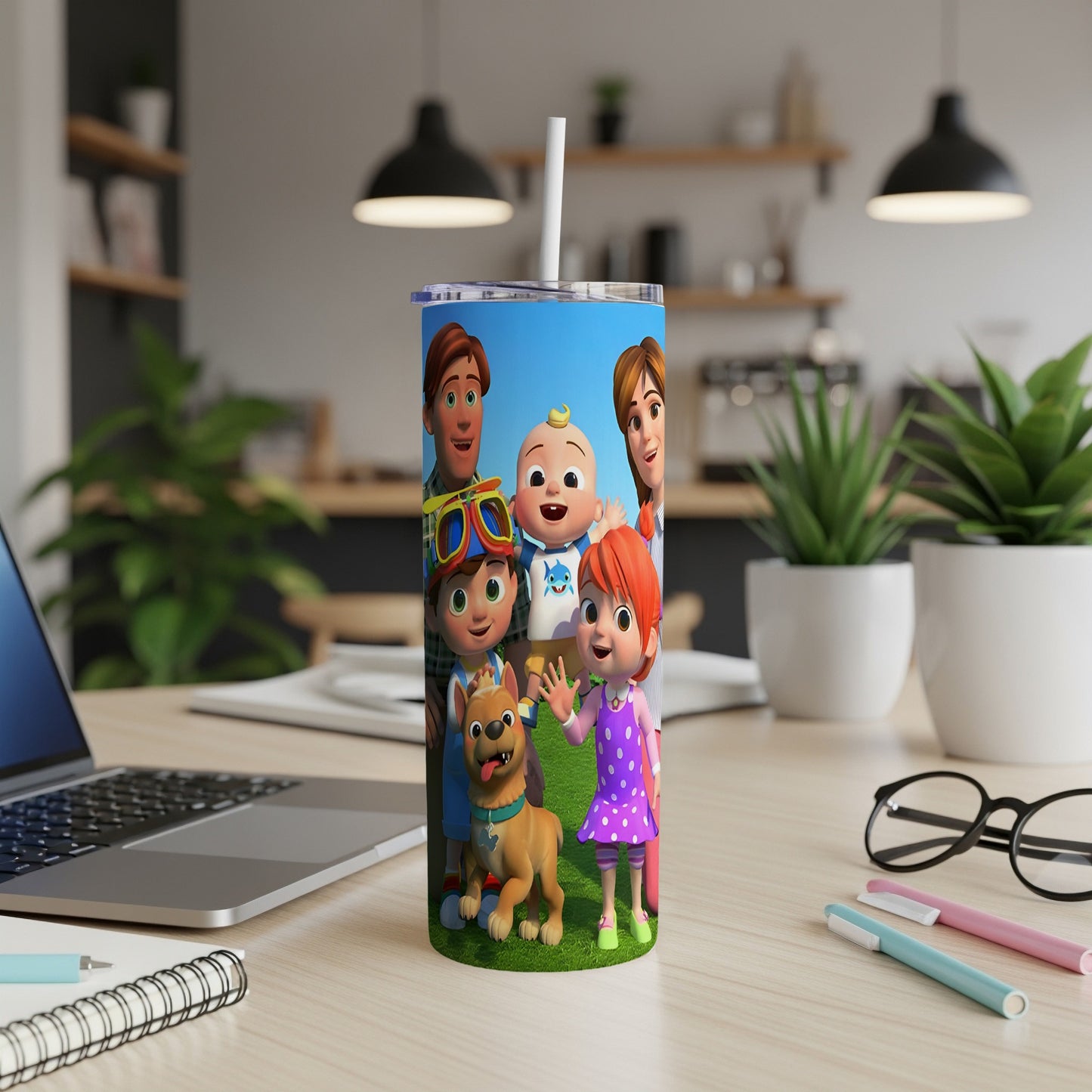 Cocomelon characters JJ, Cody, Nina, Bella, and their dog Lou on a colorful tumbler.